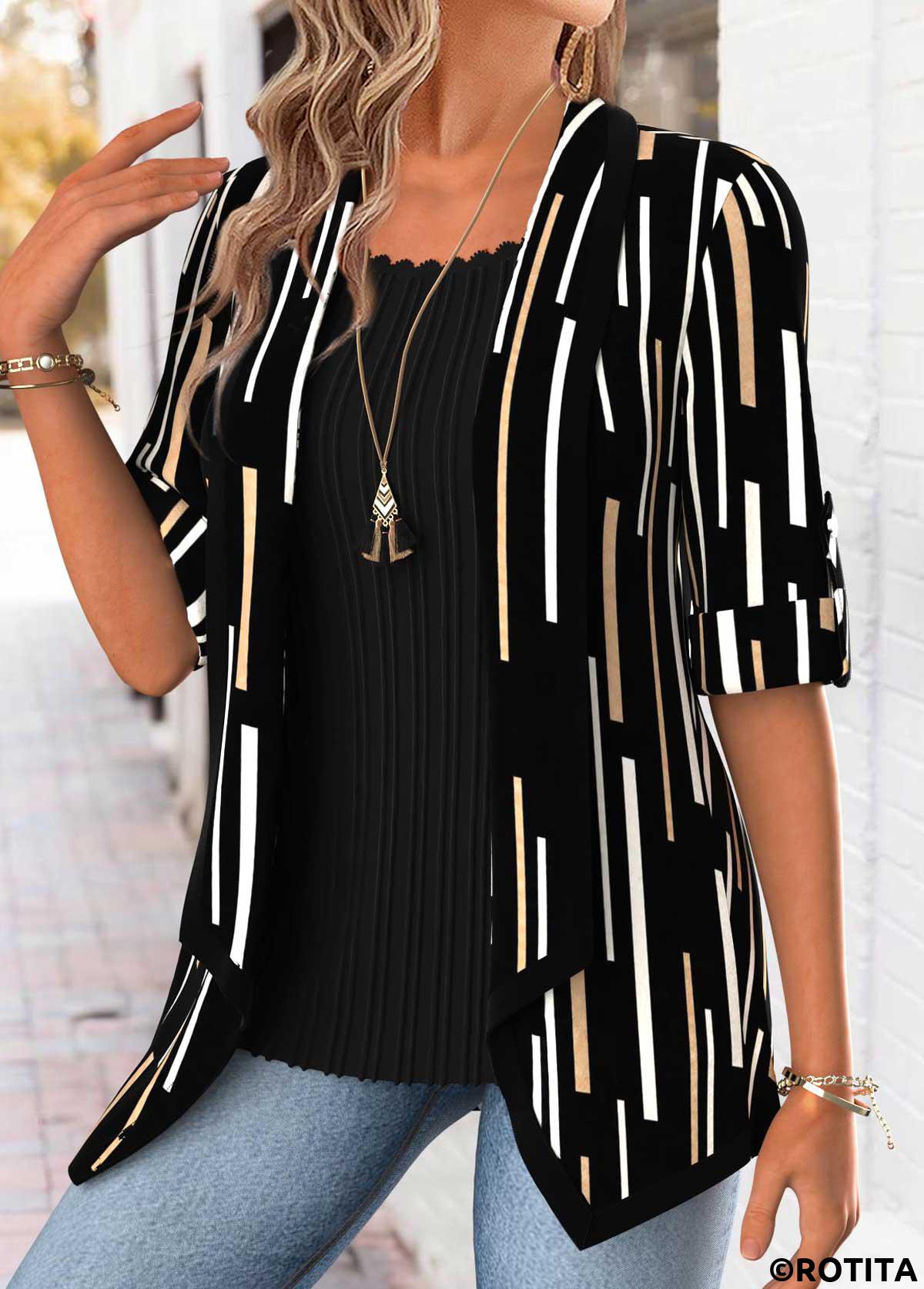 Black tops,Geometric tops,ROTITA Geometric Print Black Square Neck Fake Two Piece Twinset