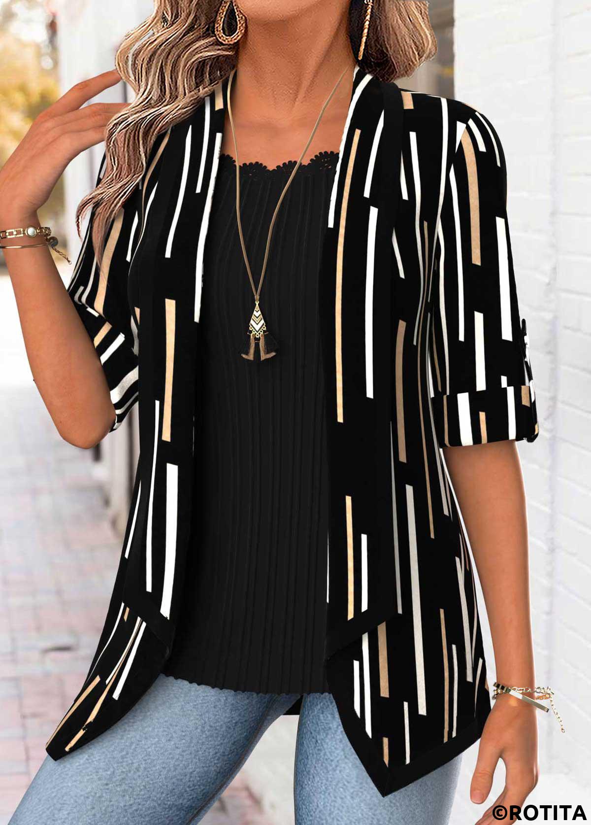 Black tops,Geometric tops,ROTITA Geometric Print Black Square Neck Fake Two Piece Twinset