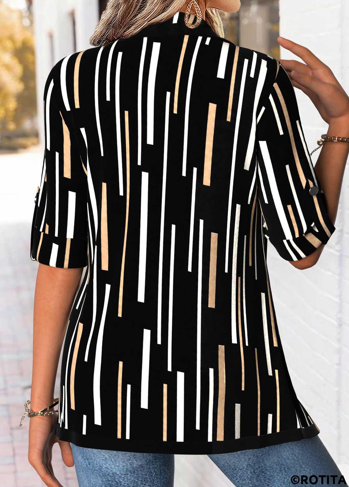 Black tops,Geometric tops,ROTITA Geometric Print Black Square Neck Fake Two Piece Twinset