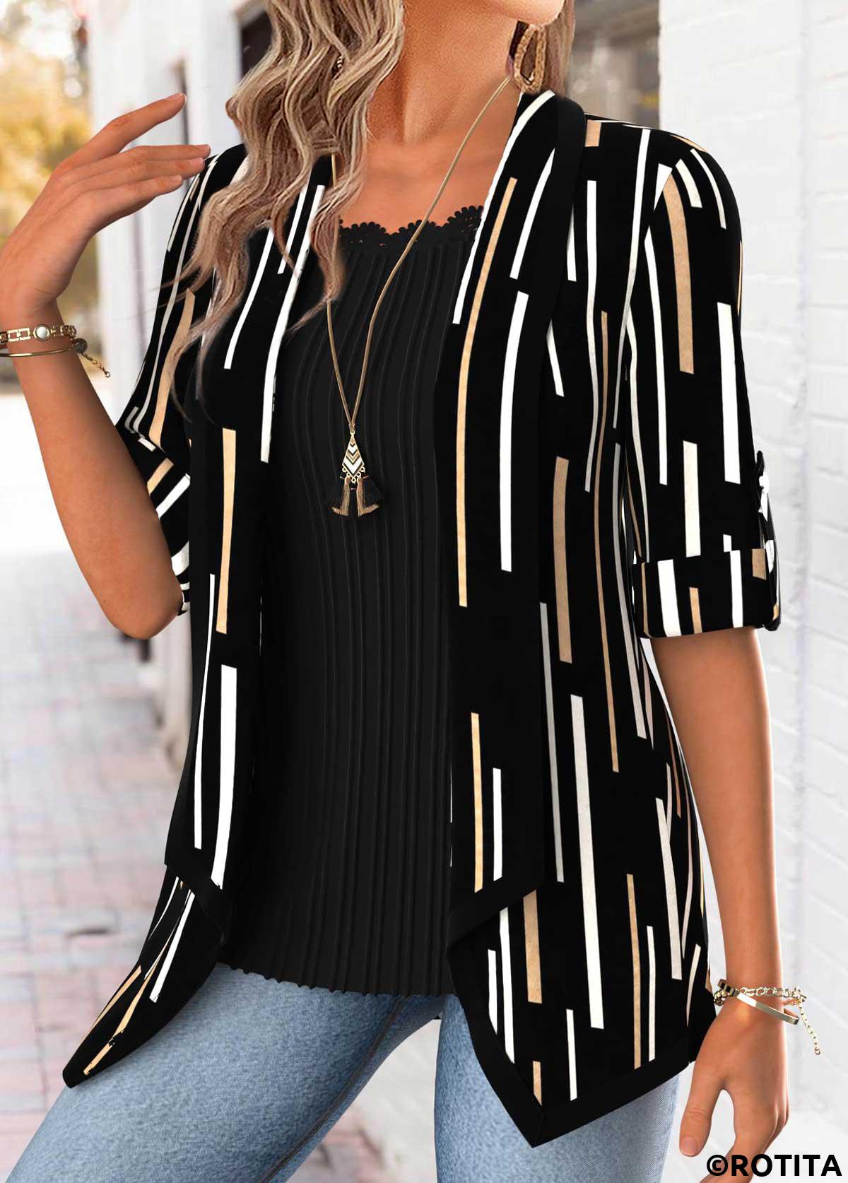 Black tops,Geometric tops,ROTITA Geometric Print Black Square Neck Fake Two Piece Twinset