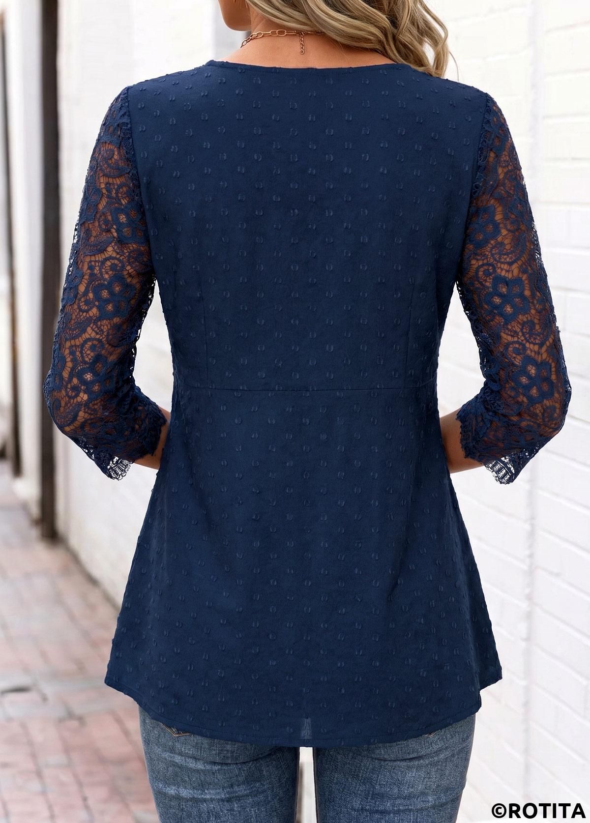 Navy tops,Plain Color tops,ROTITA Curved Hem Navy V Neck Long Sleeve Blouse