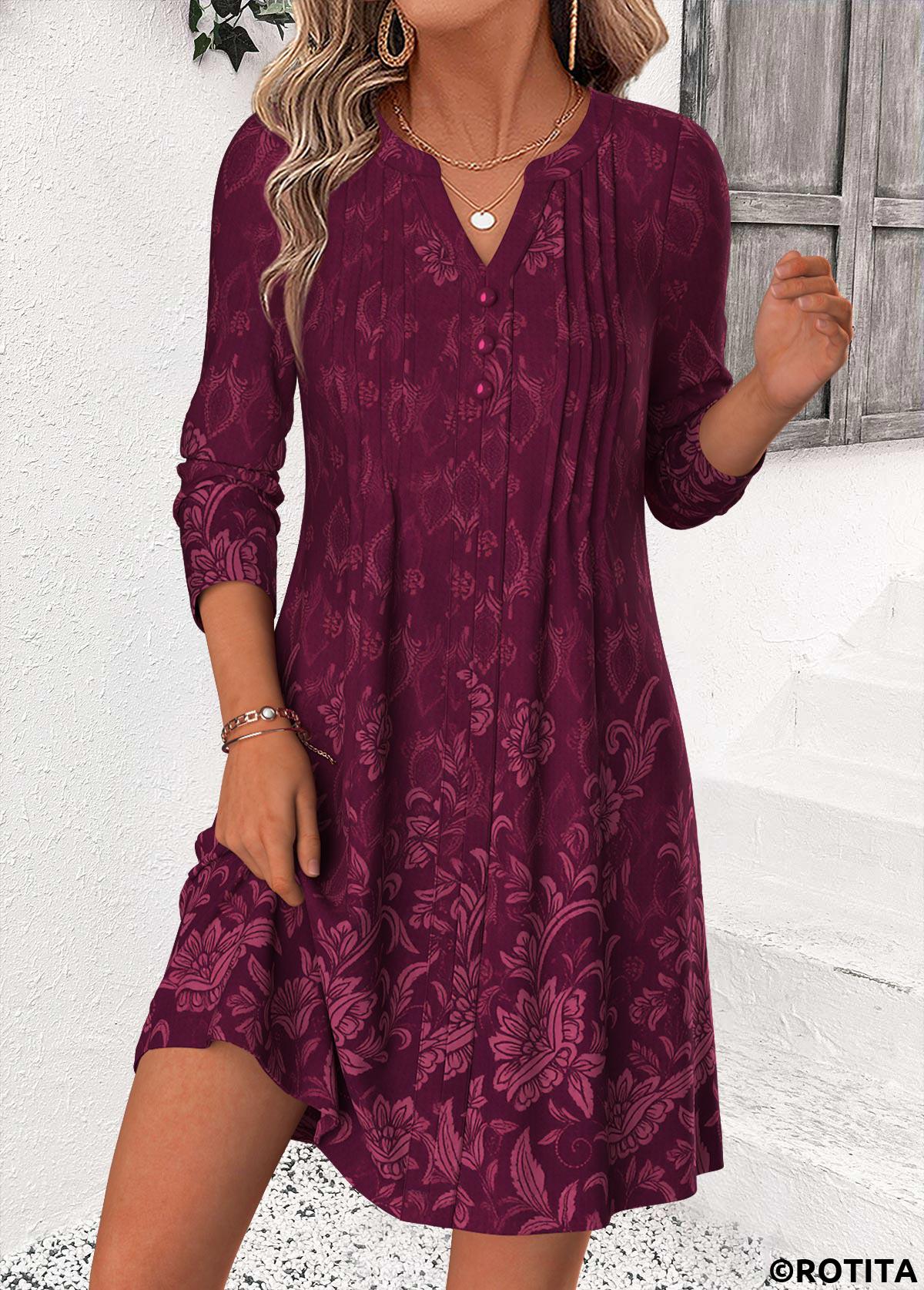 Wine Red dresses,Plants dresses,Floral dresses,Everyday dresses,Casual dresses,ROTITA Wine Red Random Floral Print Tuck Stitch Short Dress