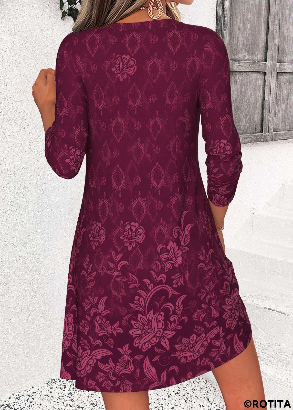 Wine Red dresses,Plants dresses,Floral dresses,Everyday dresses,Casual dresses,ROTITA Wine Red Random Floral Print Tuck Stitch Short Dress