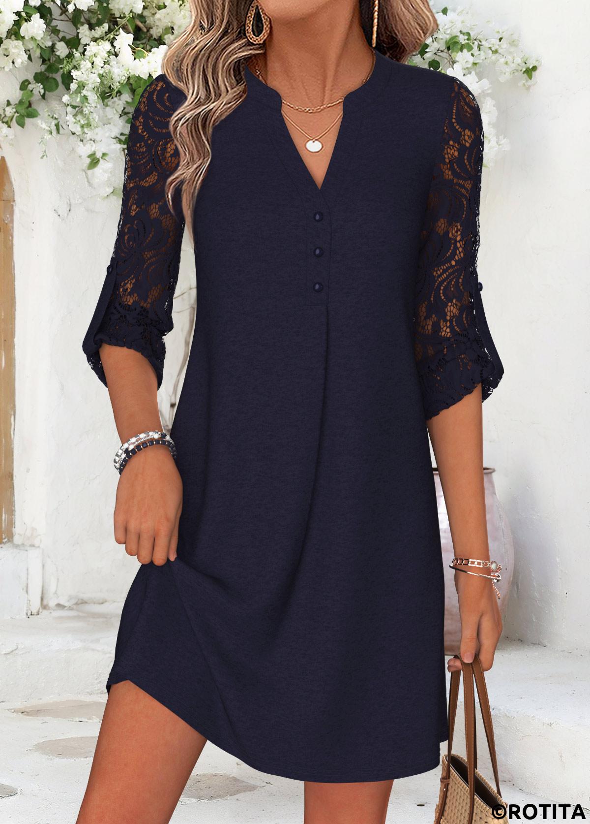 Navy dresses,Plain Color dresses,Everyday dresses,Casual dresses,ROTITA Navy Patchwork Short Split Neck Long Sleeve Dress