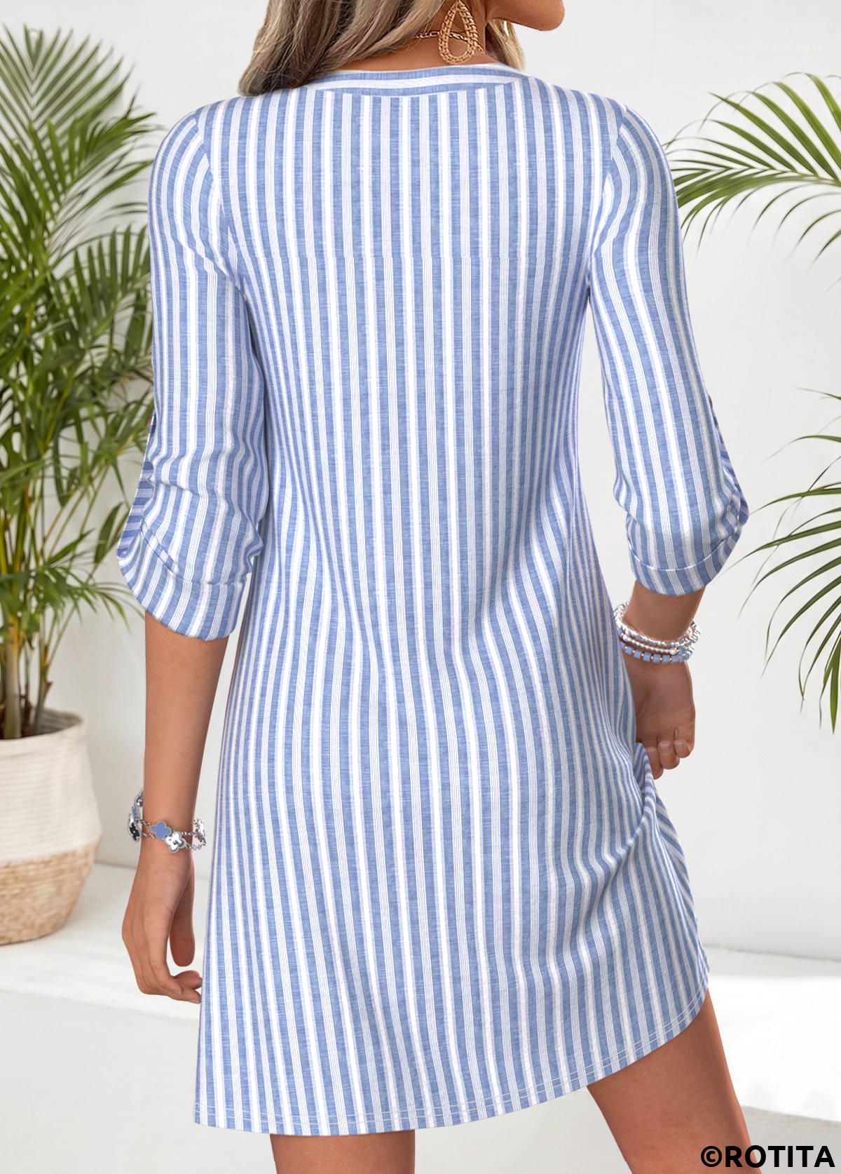 Blue dresses,Striped dresses,Geometric dresses,Everyday dresses,Casual dresses,ROTITA Blue Striped Tummy Coverage Short Split Neck Dress