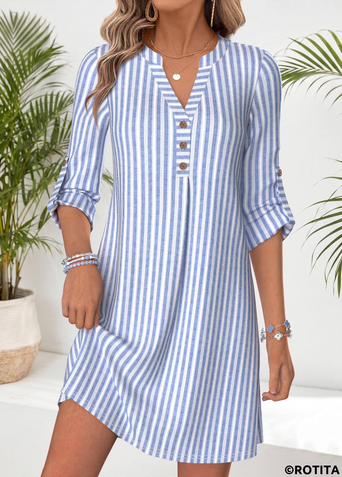 Blue dresses,Striped dresses,Geometric dresses,Everyday dresses,Casual dresses,ROTITA Blue Striped Tummy Coverage Short Split Neck Dress