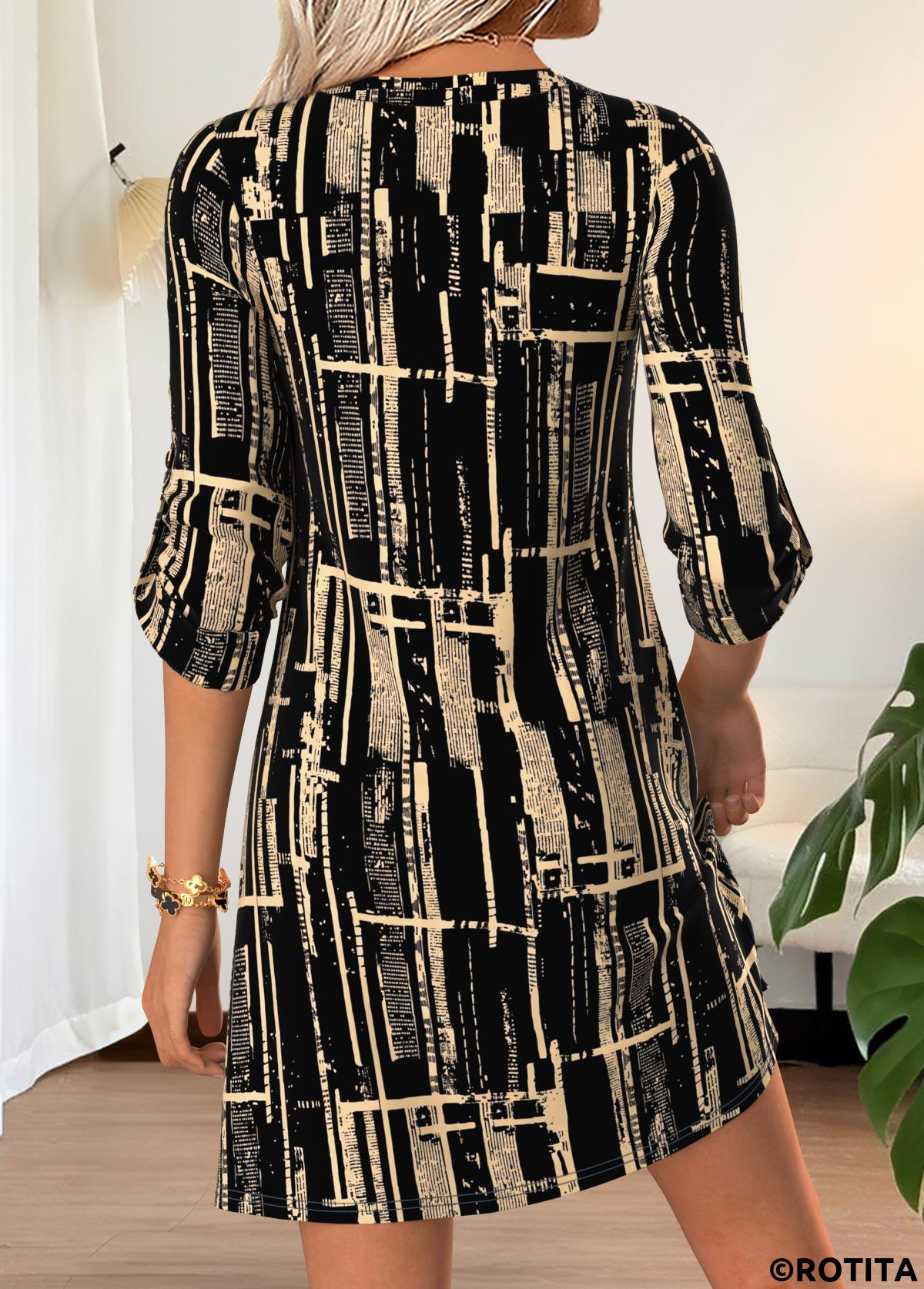 Black dresses,Geometric dresses,Everyday dresses,Casual dresses,ROTITA Black Geometric Print Short Split Neck Half Sleeve Dress