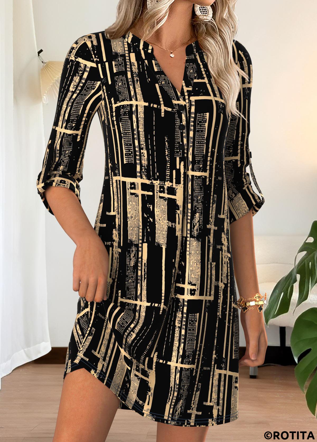 Black dresses,Geometric dresses,Everyday dresses,Casual dresses,ROTITA Black Geometric Print Short Split Neck Half Sleeve Dress