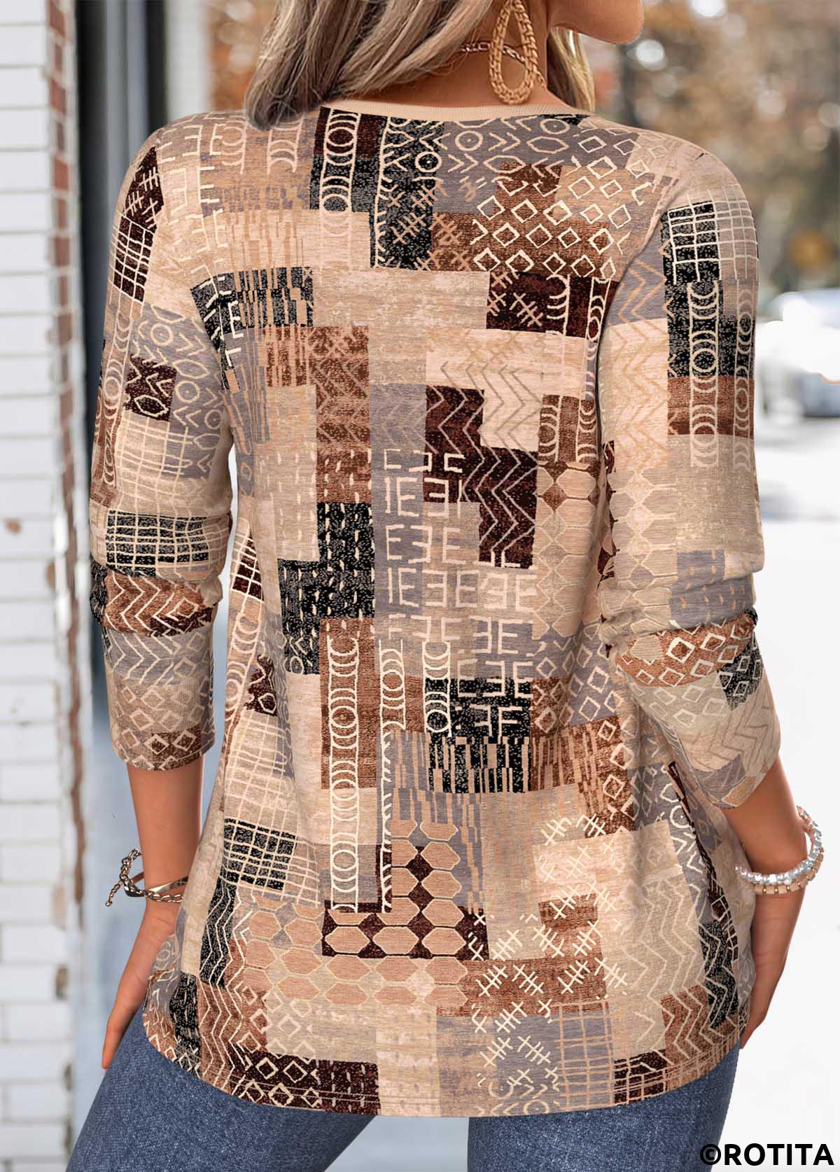 Light Coffee tops,Tribal tops,ROTITA Tuck Stitch Tribal Print Light Coffee T Shirt