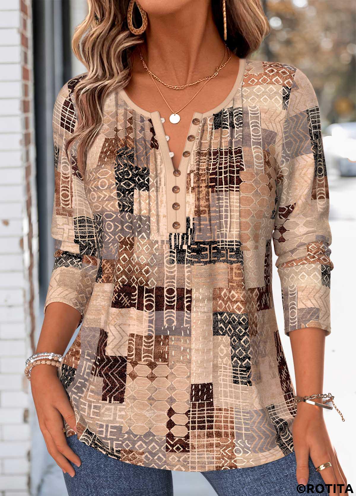 Light Coffee tops,Tribal tops,ROTITA Tuck Stitch Tribal Print Light Coffee T Shirt