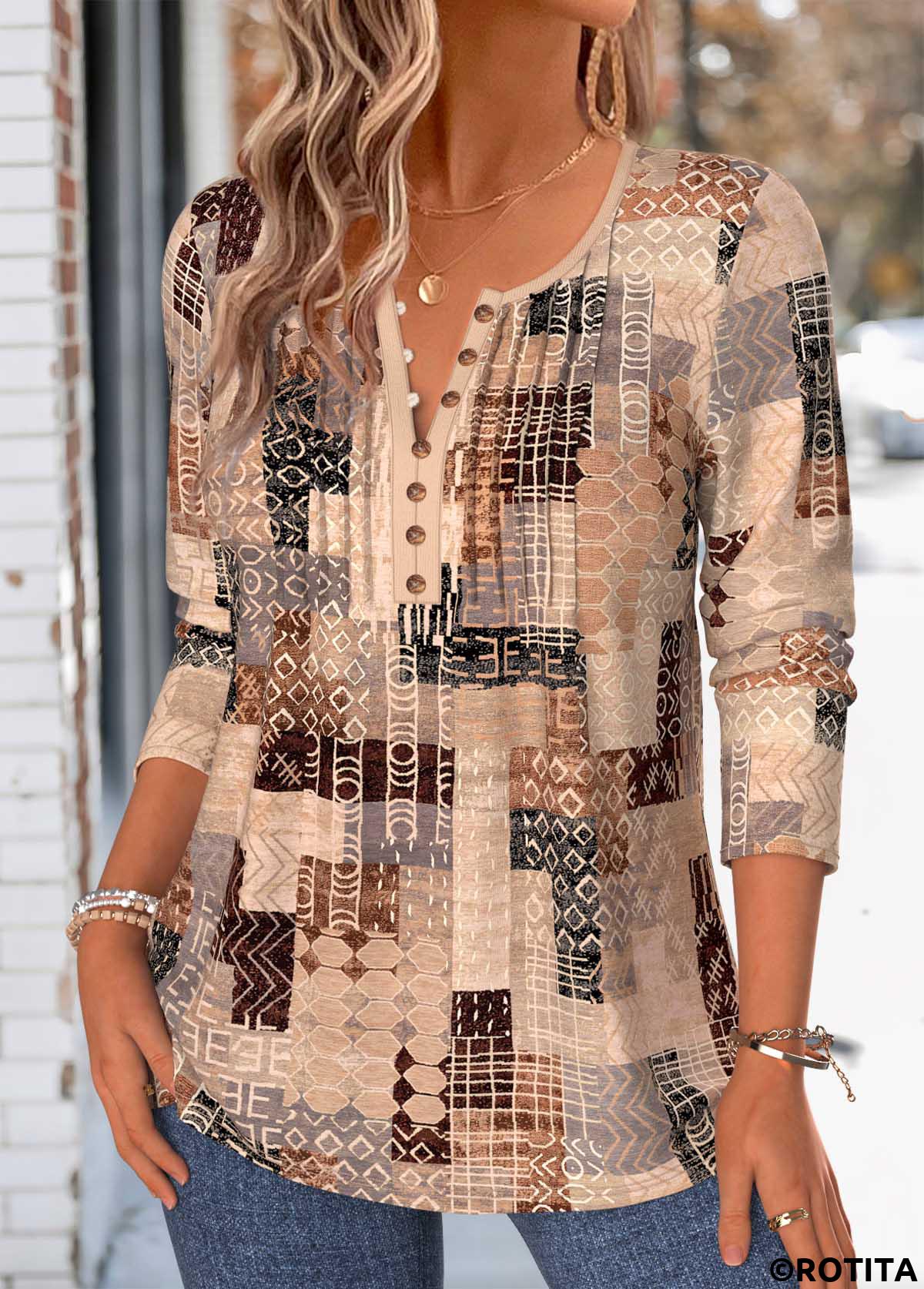 Light Coffee tops,Tribal tops,ROTITA Tuck Stitch Tribal Print Light Coffee T Shirt