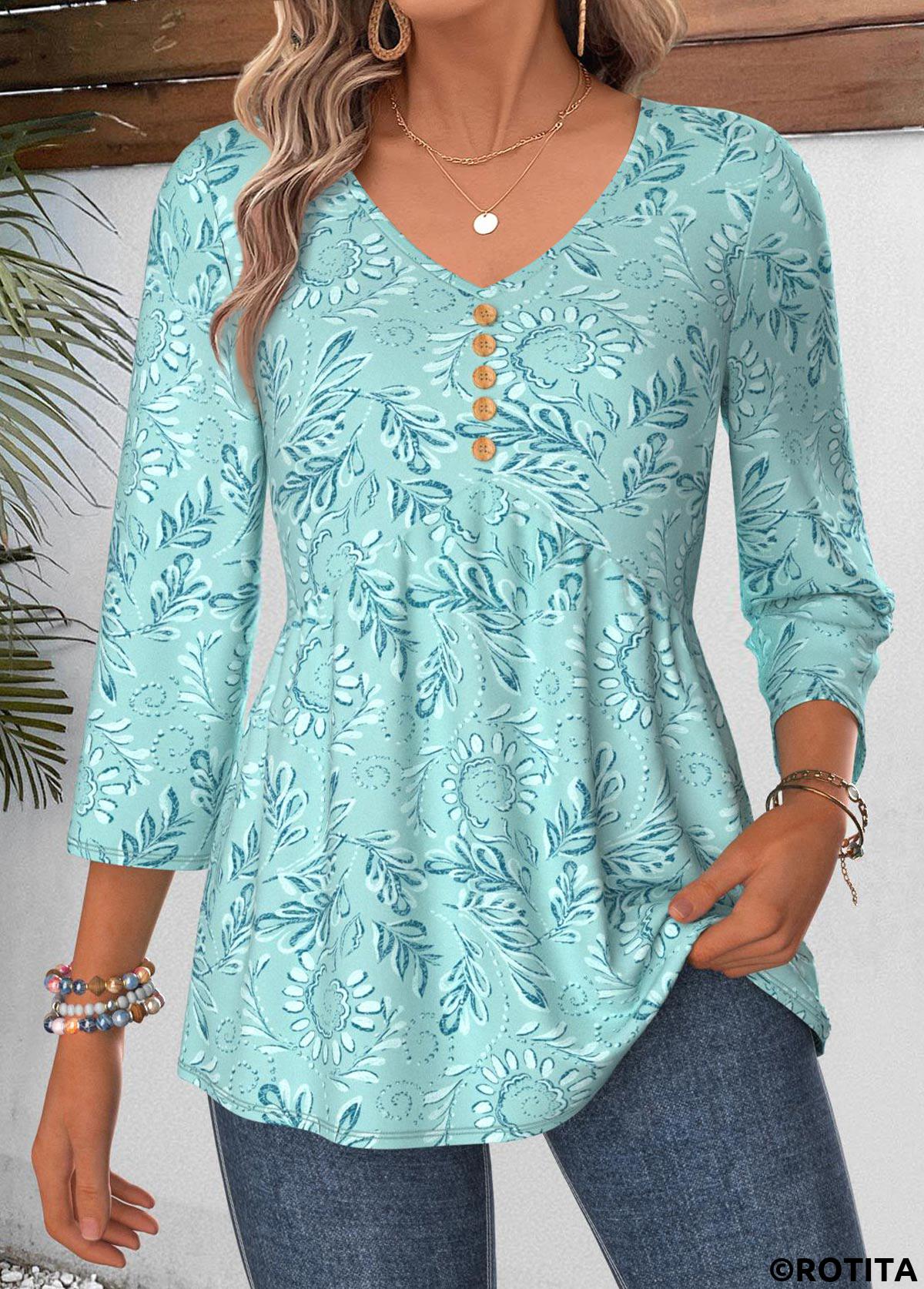 Cyan tops,Paisley tops,ROTITA Curved Hem Paisley Print Cyan V Neck Blouse