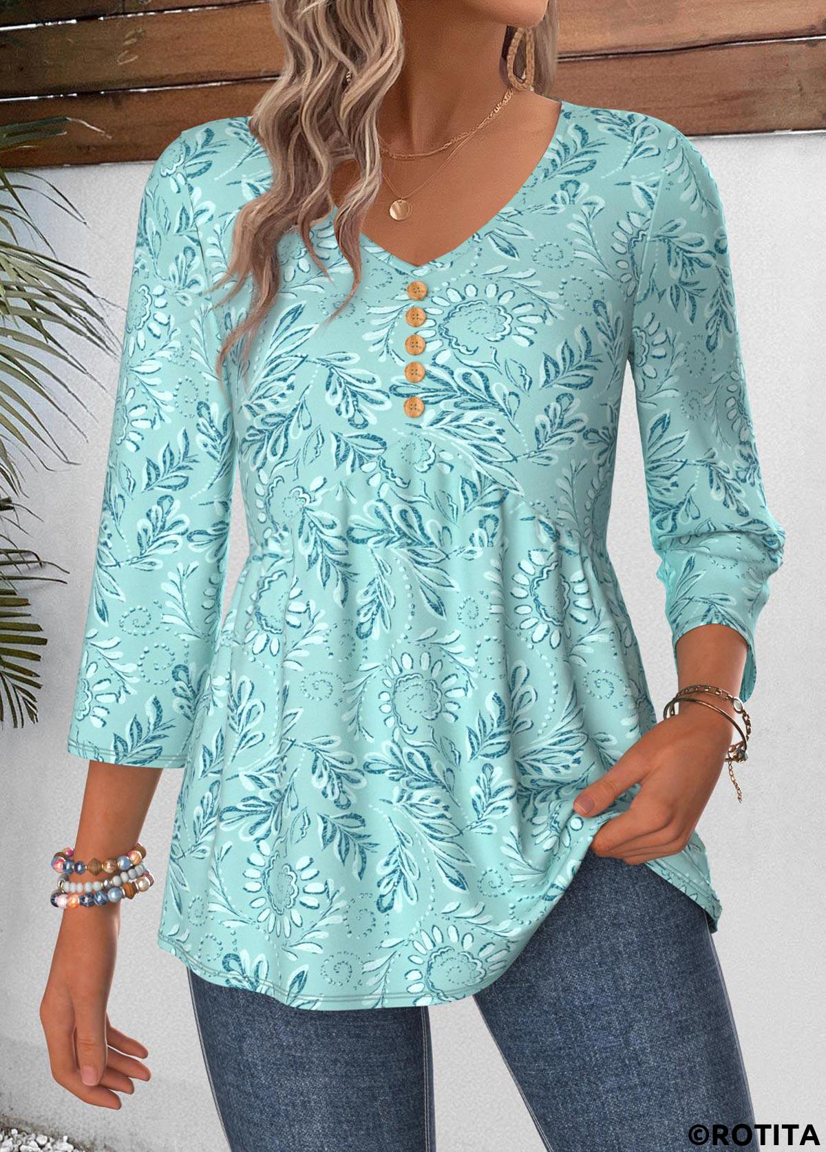 Cyan tops,Paisley tops,ROTITA Curved Hem Paisley Print Cyan V Neck Blouse