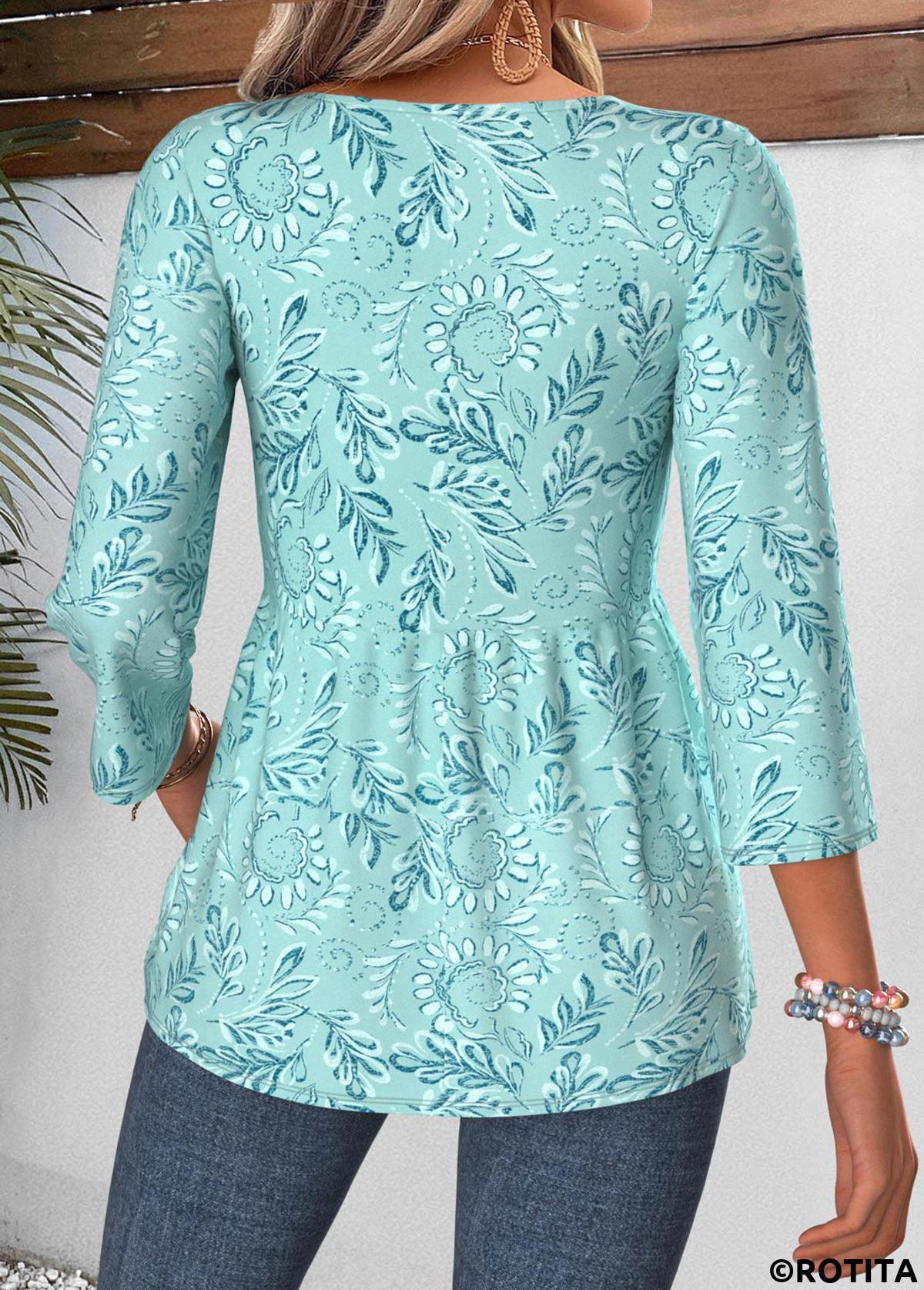 Cyan tops,Paisley tops,ROTITA Curved Hem Paisley Print Cyan V Neck Blouse