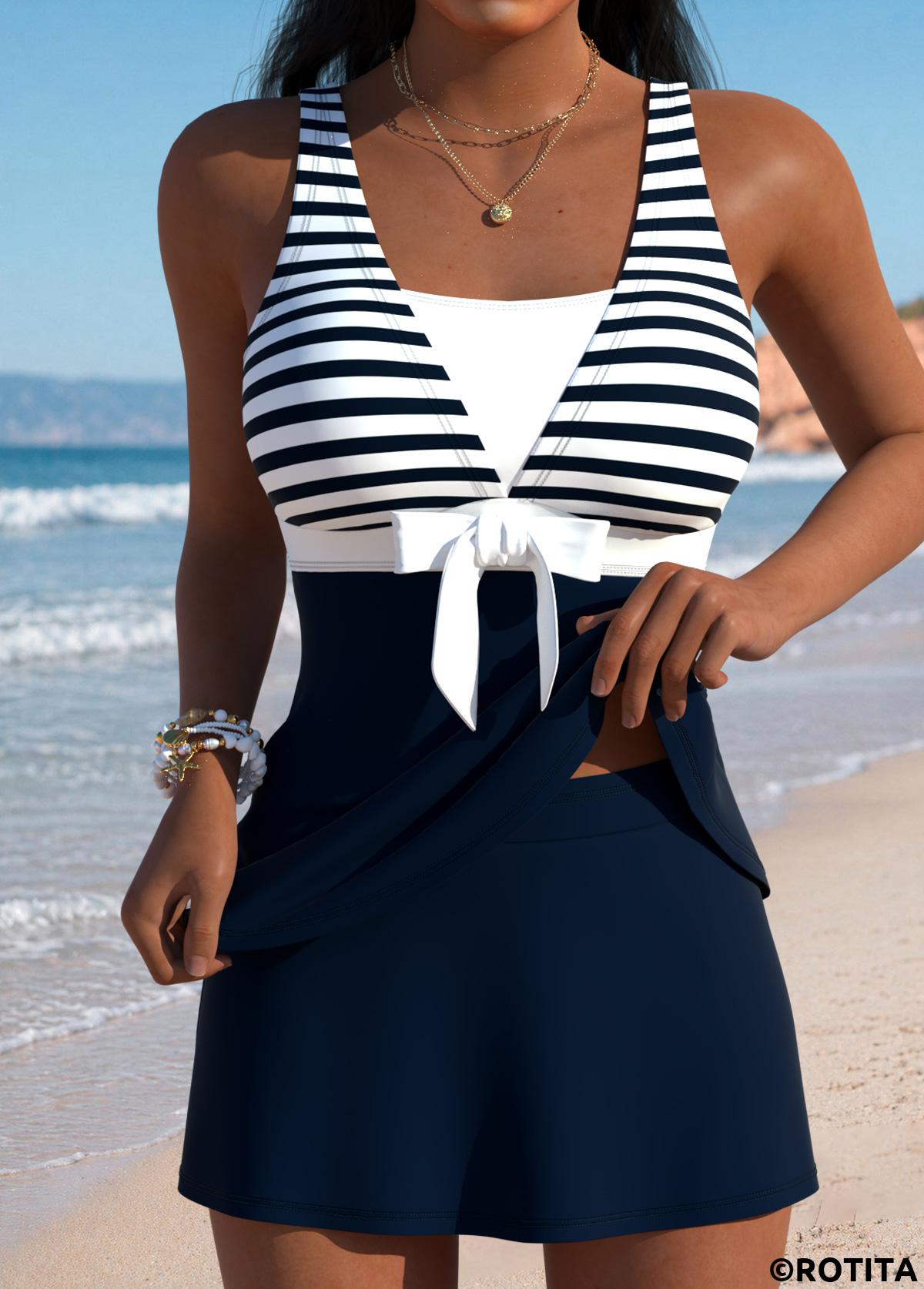Navy swimwear,Striped swimwear,Geometric swimwear,ROTITA Navy Striped Mid Waisted Tankini Set