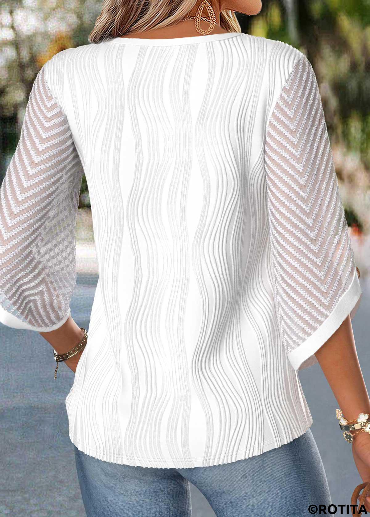 Raw white tops,Plain Color tops,ROTITA Curved Hem Raw White Split Neck 3/4 Sleeve Blouse