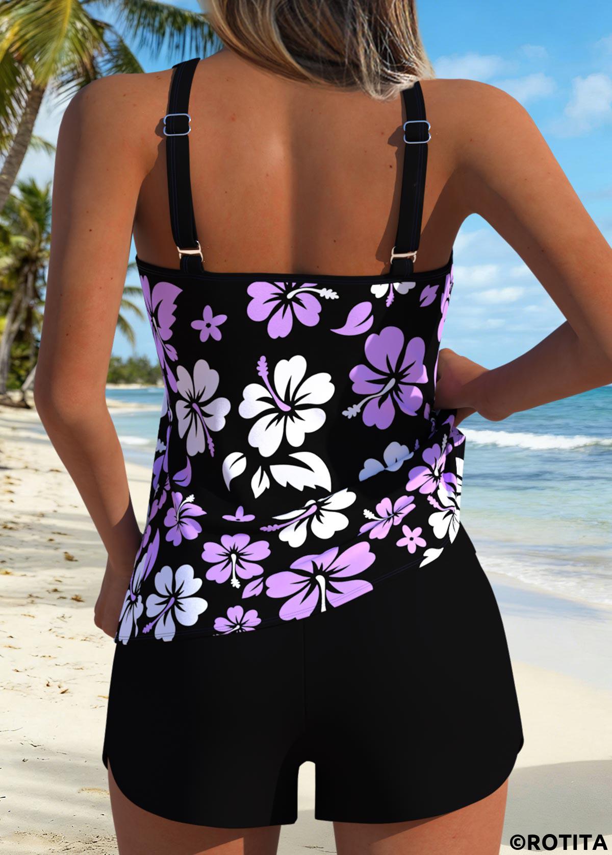 Black swimwear,Floral swimwear,Plants swimwear,ROTITA Black Patchwork Floral Print Tankini Top