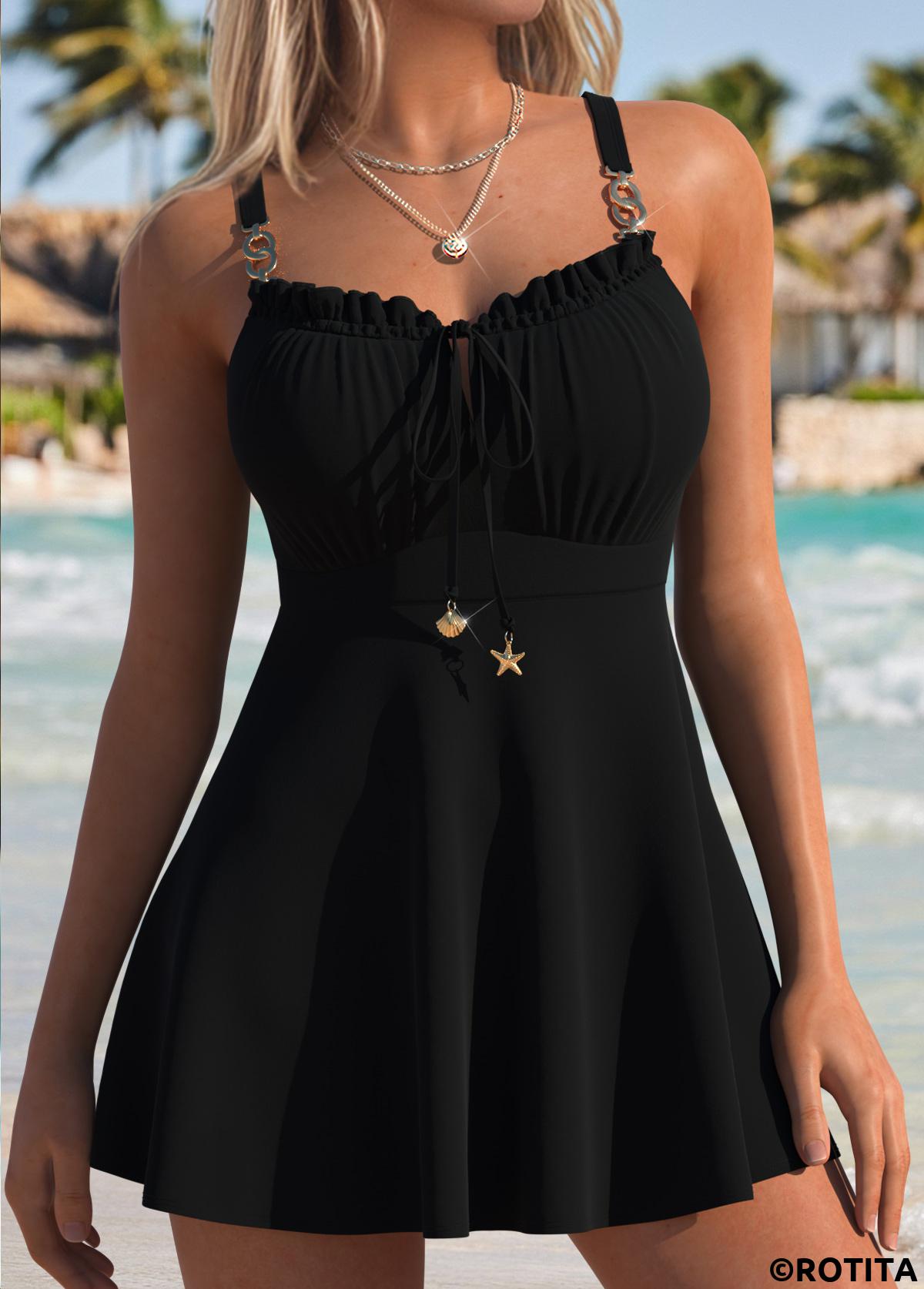 Black swimwear,Plain Color swimwear,ROTITA Black Bowknot Mid Waisted Tankini Top