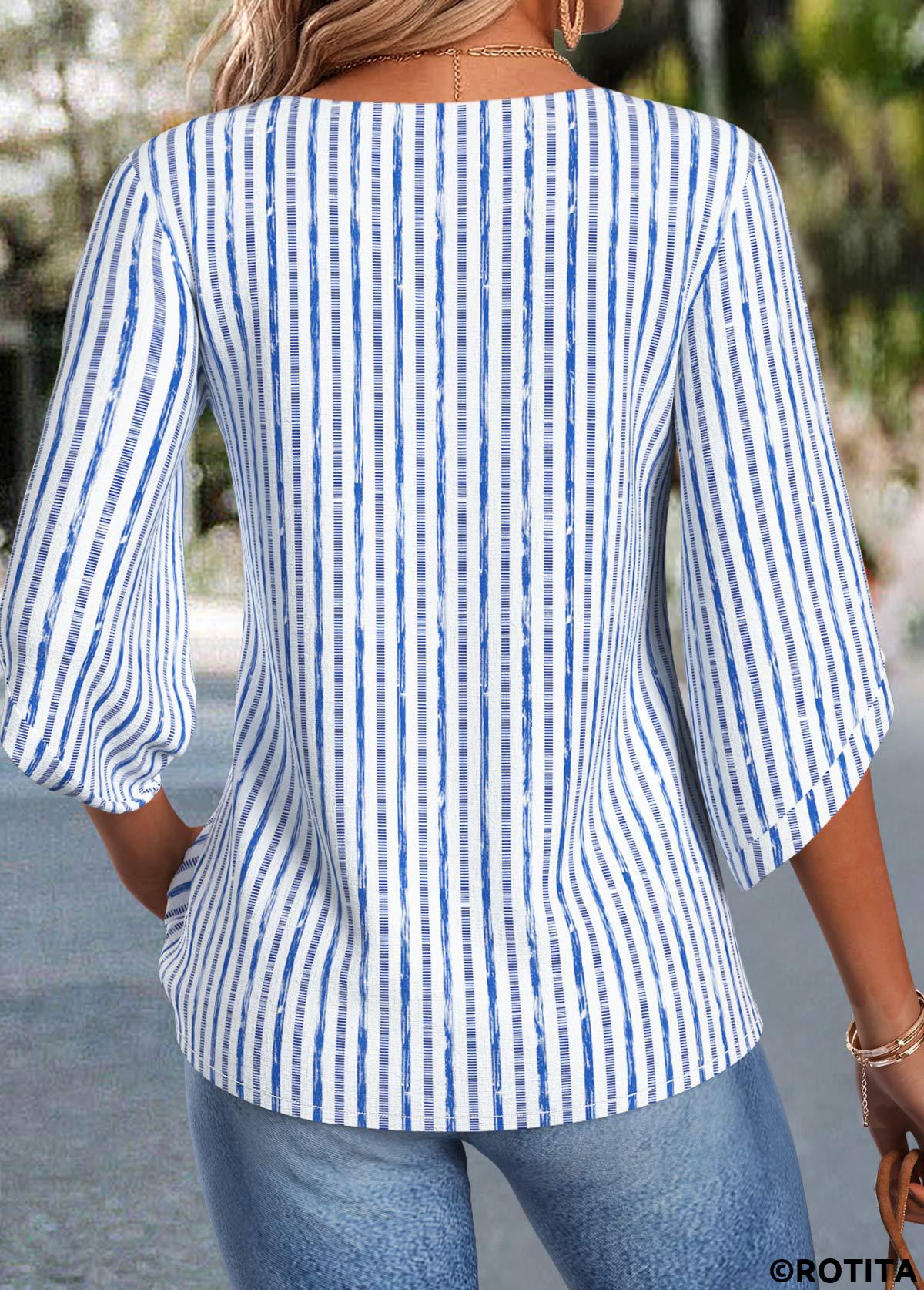 Blue tops,Striped tops,Geometric tops,ROTITA Curved Hem Striped Blue Split Neck 3/4 Sleeve Blouse