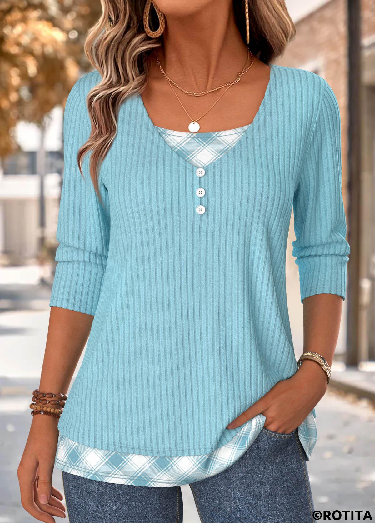 Blue tops,Plaid tops,Geometric tops,ROTITA Fake 2in1 Plaid Blue V Neck T Shirt