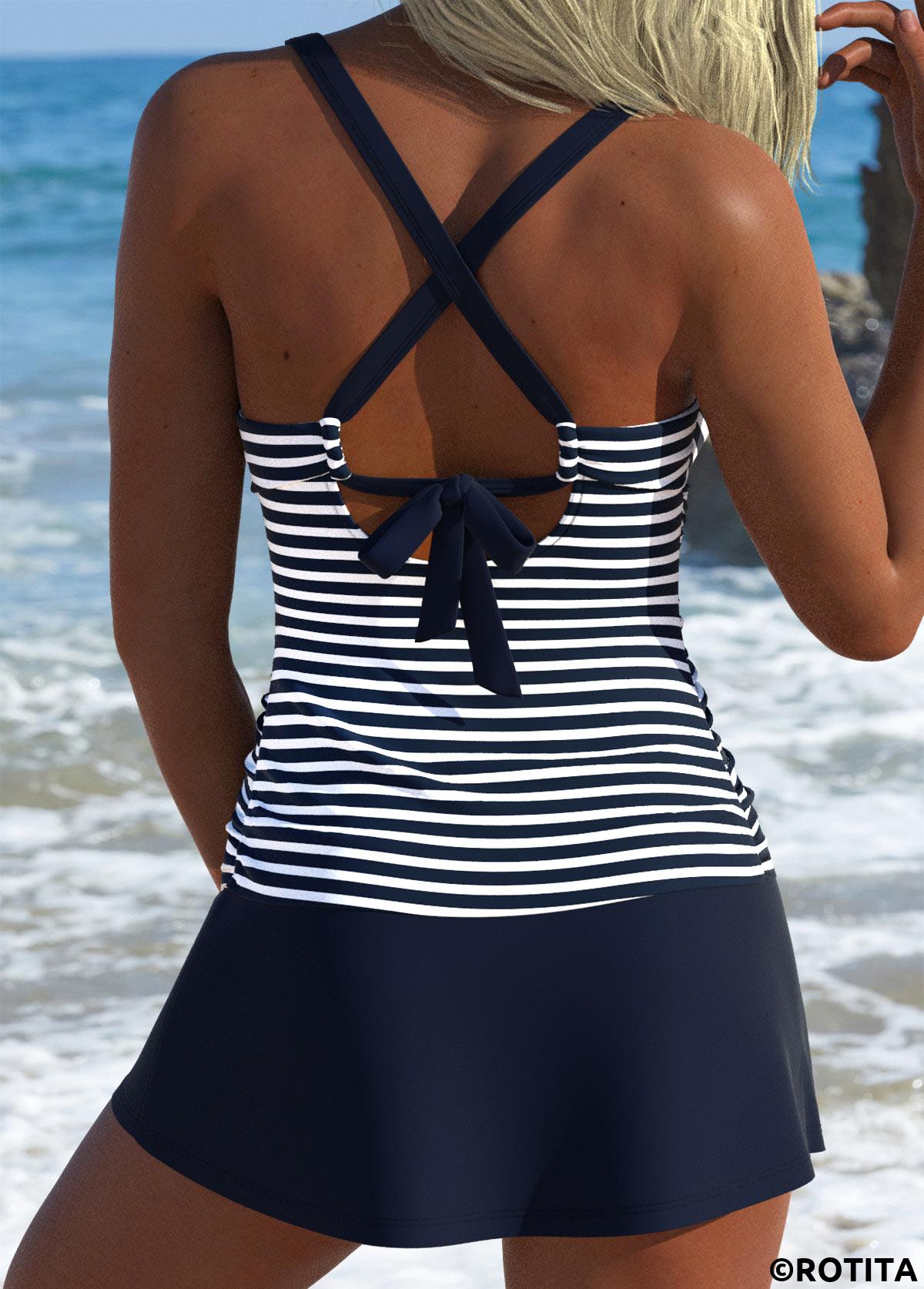 Navy swimwear,Striped swimwear,Geometric swimwear,ROTITA Navy Surplice Striped Mid Waisted Tankini Set