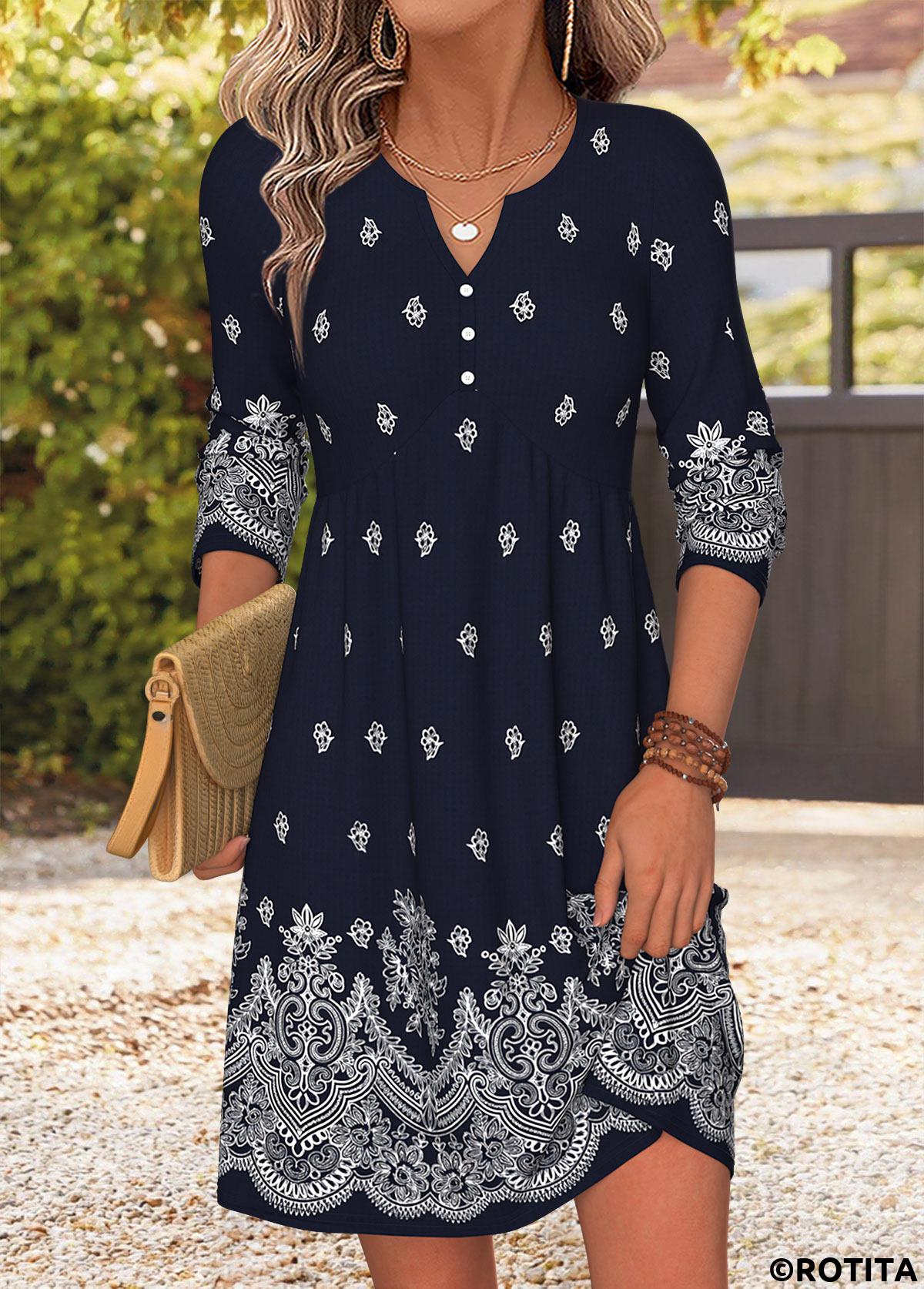 Navy dresses,Tribal dresses,Everyday dresses,Casual dresses,ROTITA Navy Tribal Print Patchwork Short Split Neck Dress