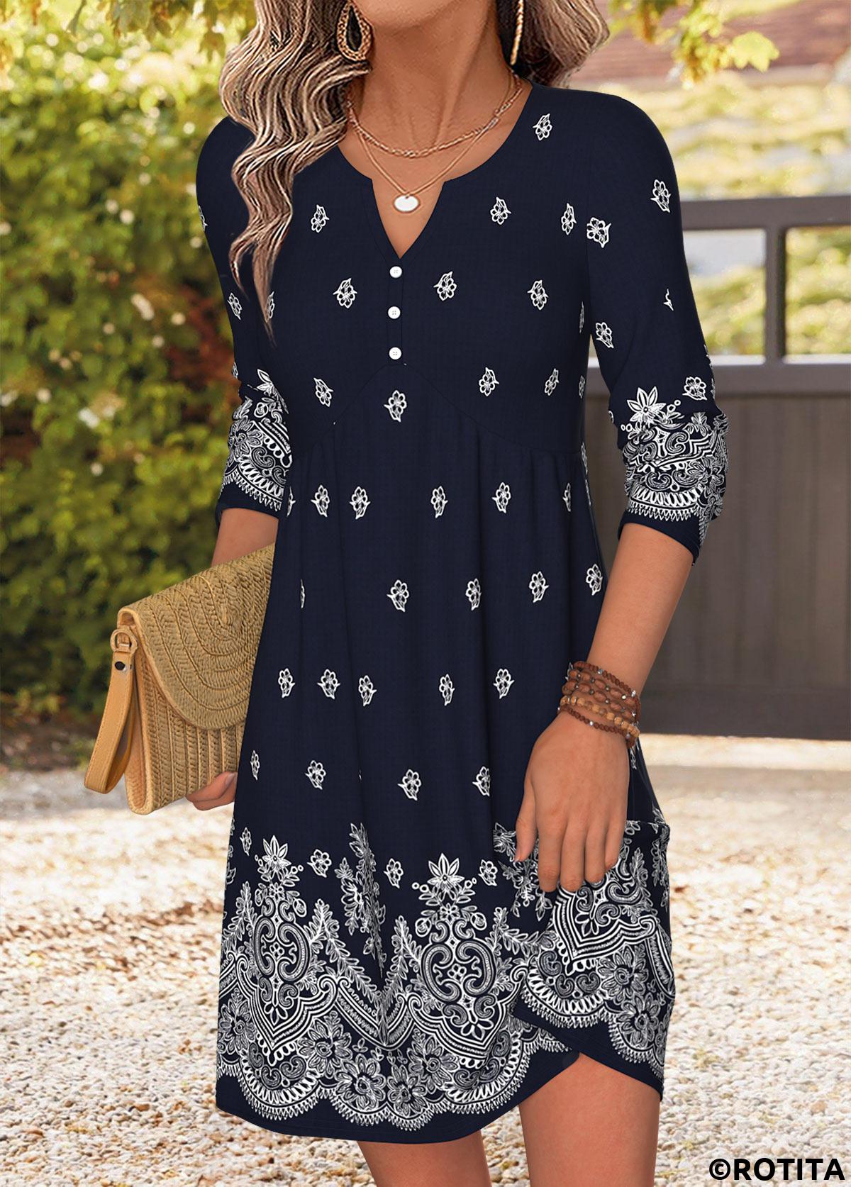Navy dresses,Tribal dresses,Everyday dresses,Casual dresses,ROTITA Navy Tribal Print Patchwork Short Split Neck Dress