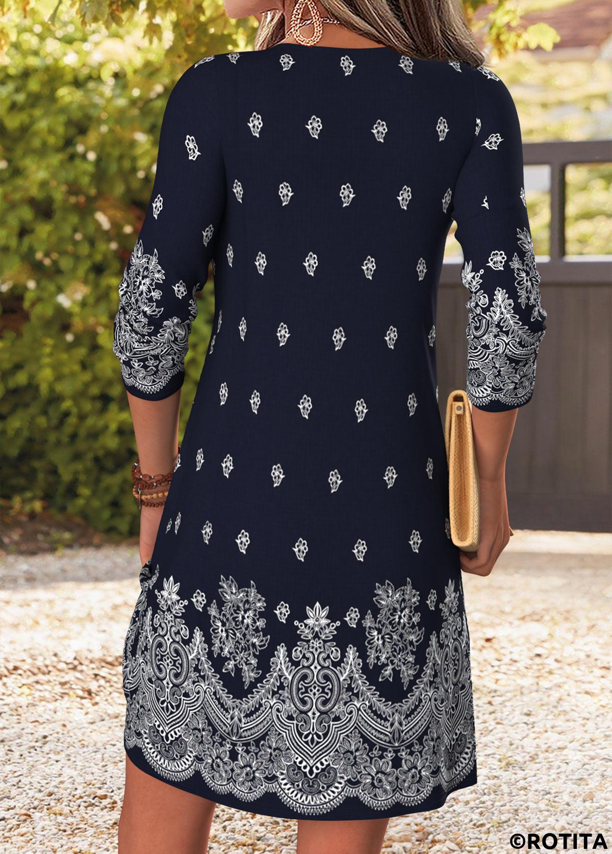 Navy dresses,Tribal dresses,Everyday dresses,Casual dresses,ROTITA Navy Tribal Print Patchwork Short Split Neck Dress