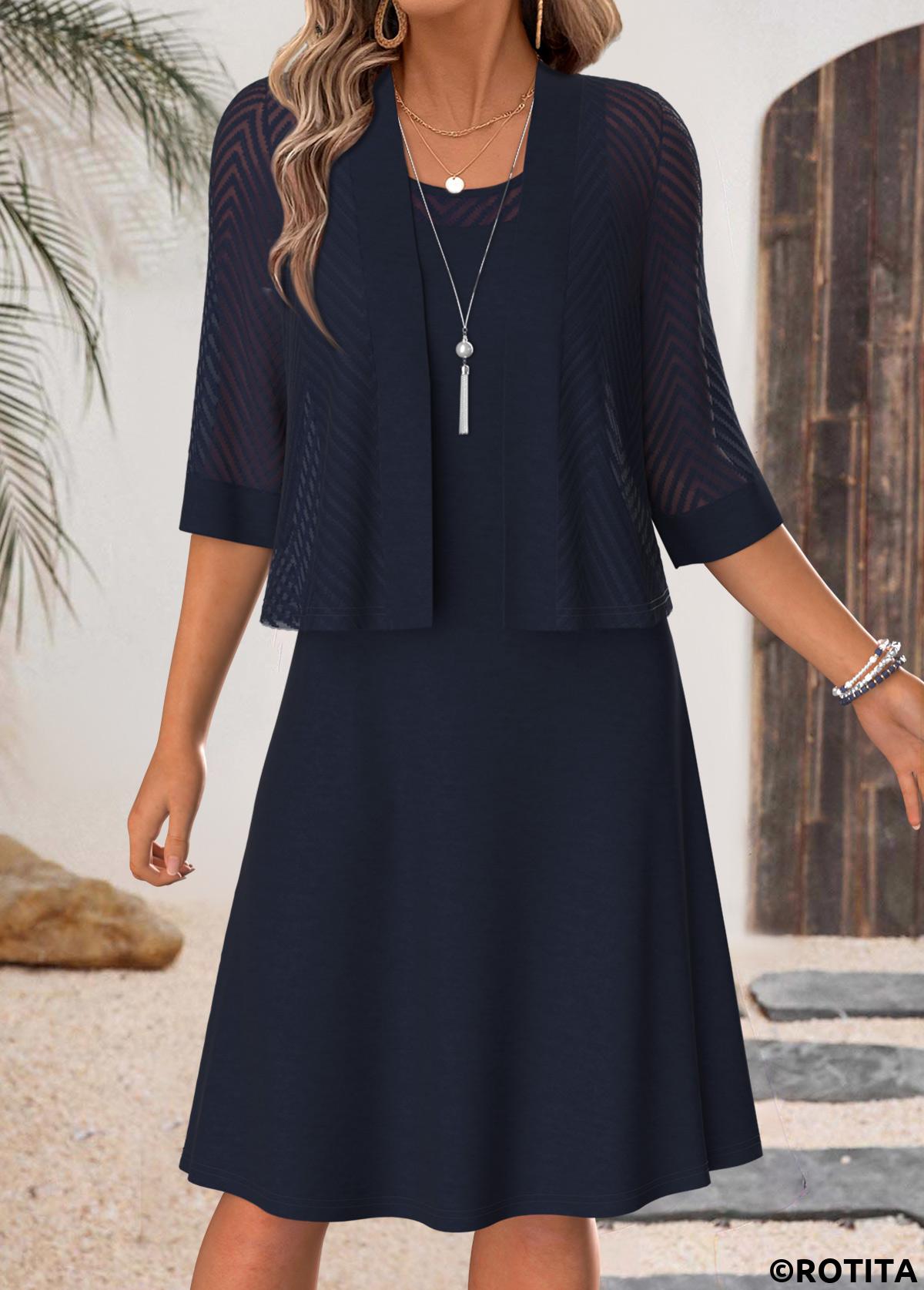 Navy dresses,Plain Color dresses,Everyday dresses,Casual dresses,ROTITA Navy Tummy Coverage Round Neck Dress and Cardigan
