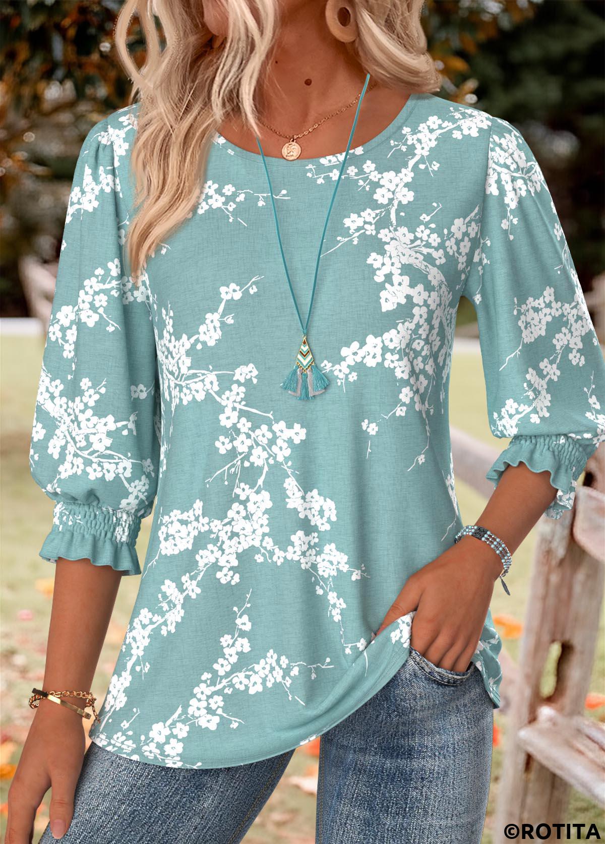 Green tops,Floral tops,Plants tops,ROTITA Smocked Floral Print Green Round Neck 3/4 Sleeve Blouse