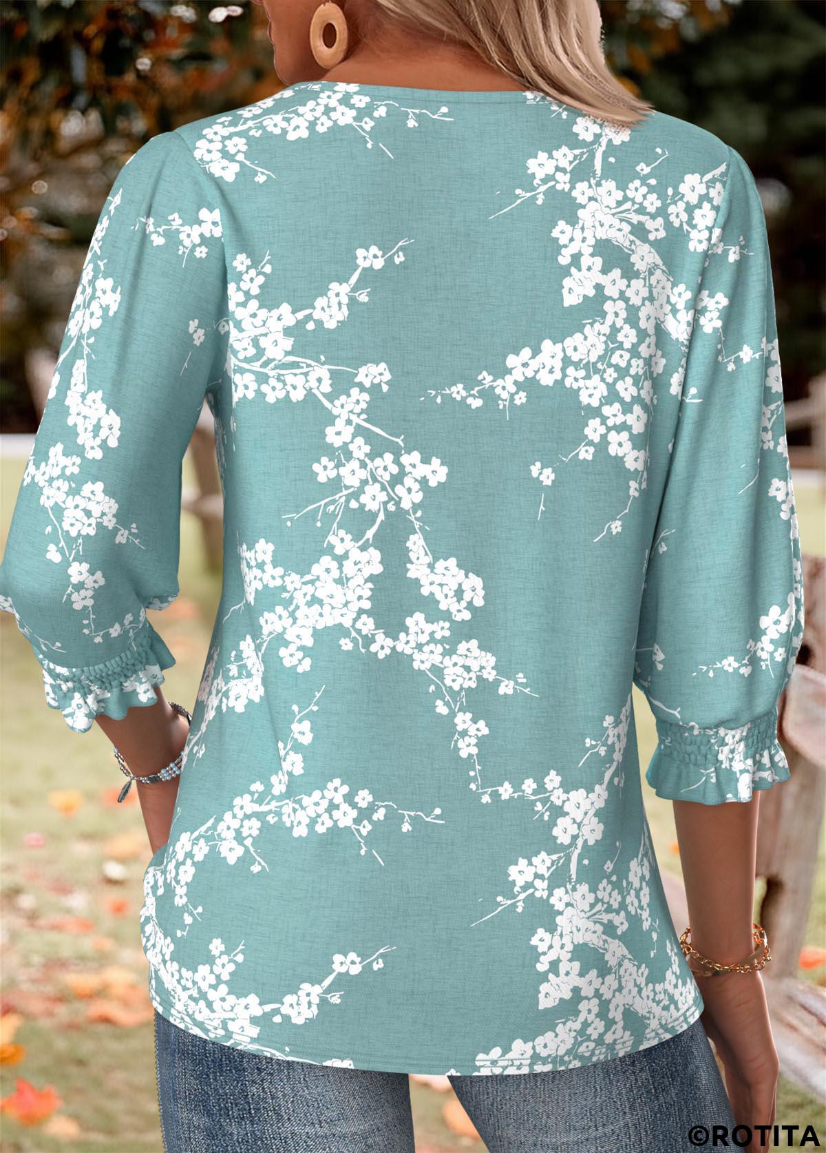 Green tops,Floral tops,Plants tops,ROTITA Smocked Floral Print Green Round Neck 3/4 Sleeve Blouse