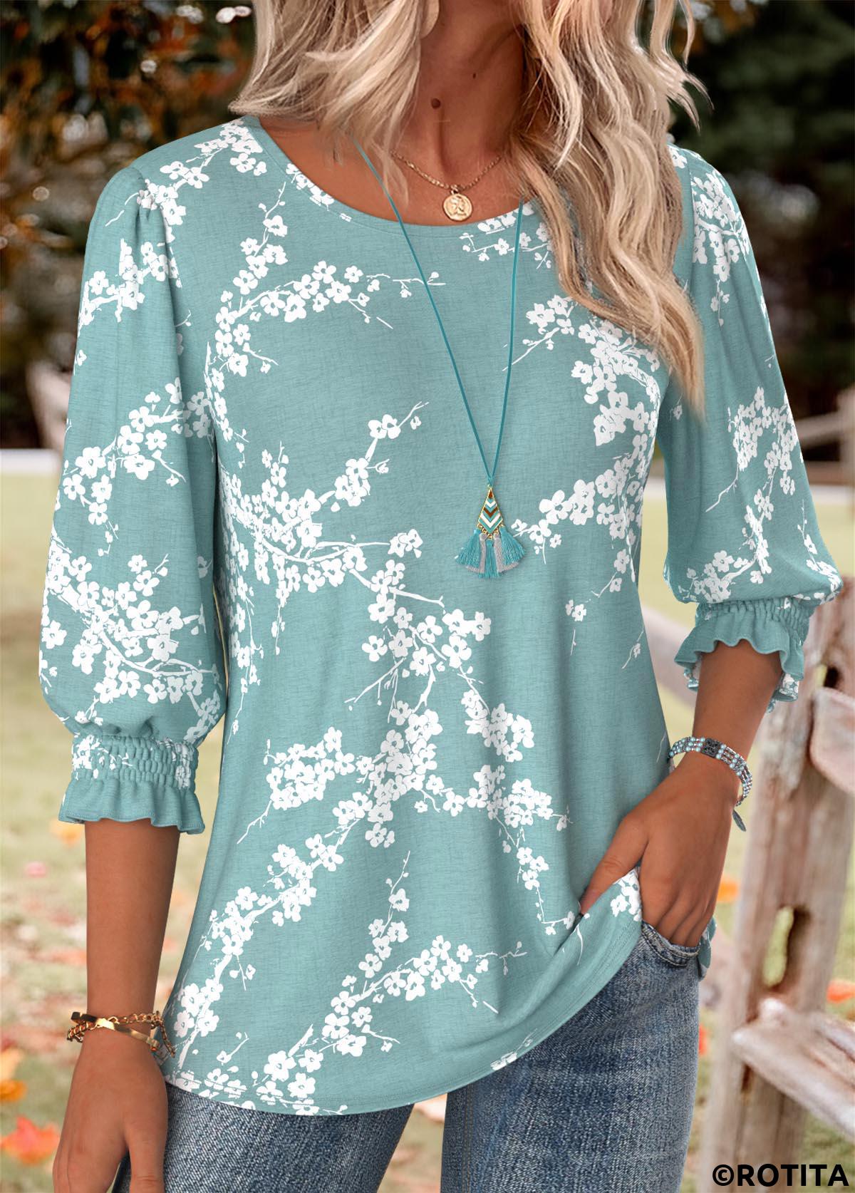 Green tops,Floral tops,Plants tops,ROTITA Smocked Floral Print Green Round Neck 3/4 Sleeve Blouse
