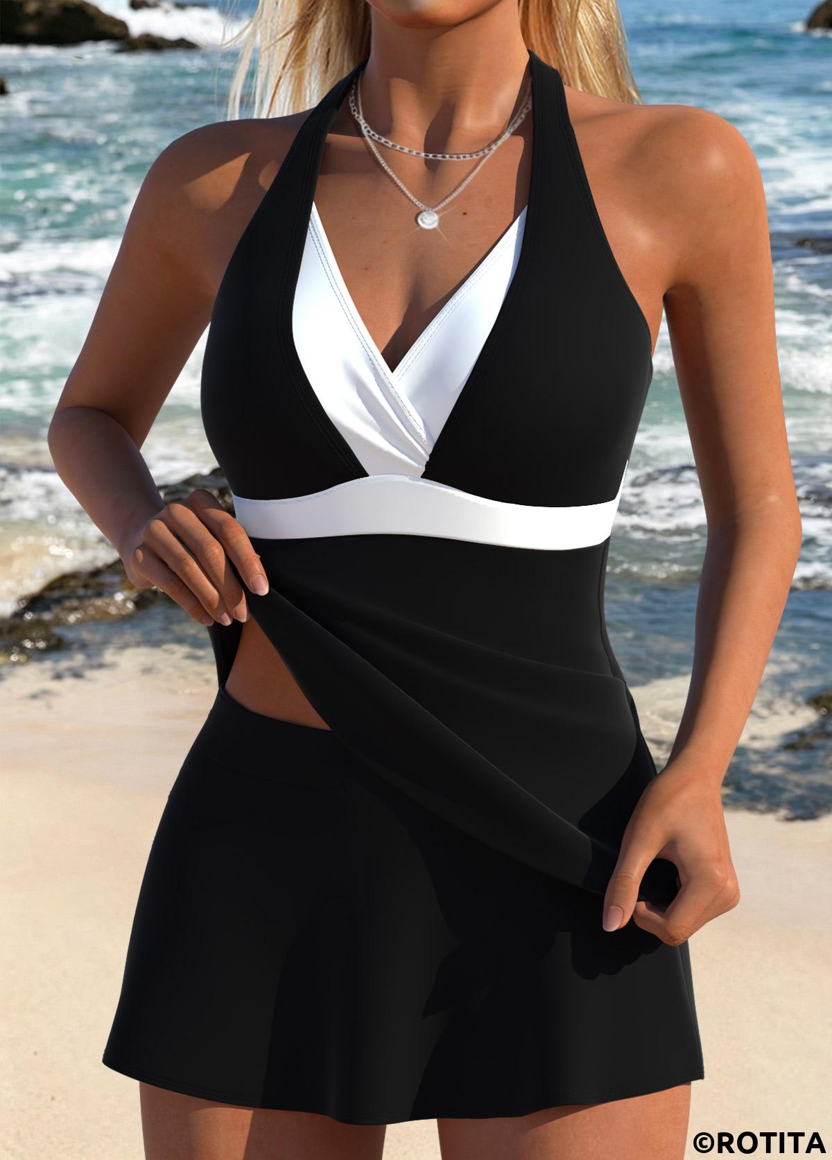 Black swimwear,Contrast Color swimwear,ROTITA Black Fake 2in1 Mid Waisted Tankini Set