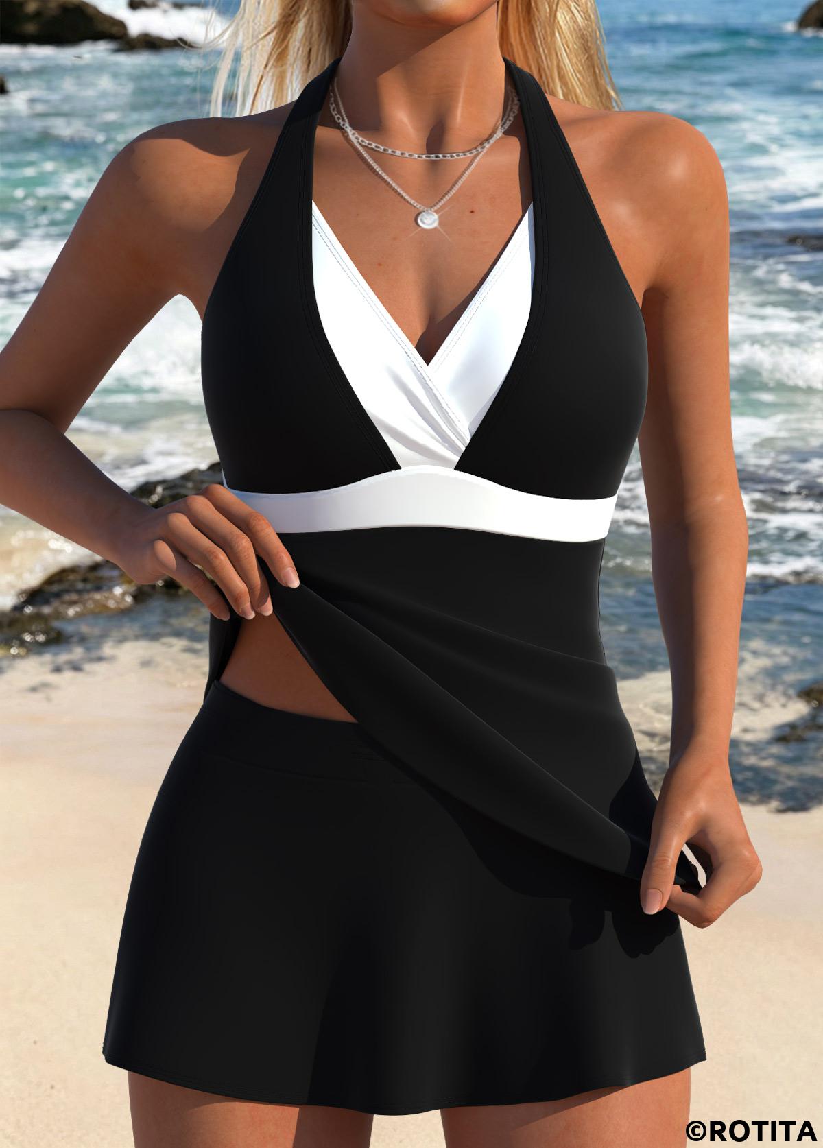 Black swimwear,Contrast Color swimwear,ROTITA Black Fake 2in1 Mid Waisted Tankini Set