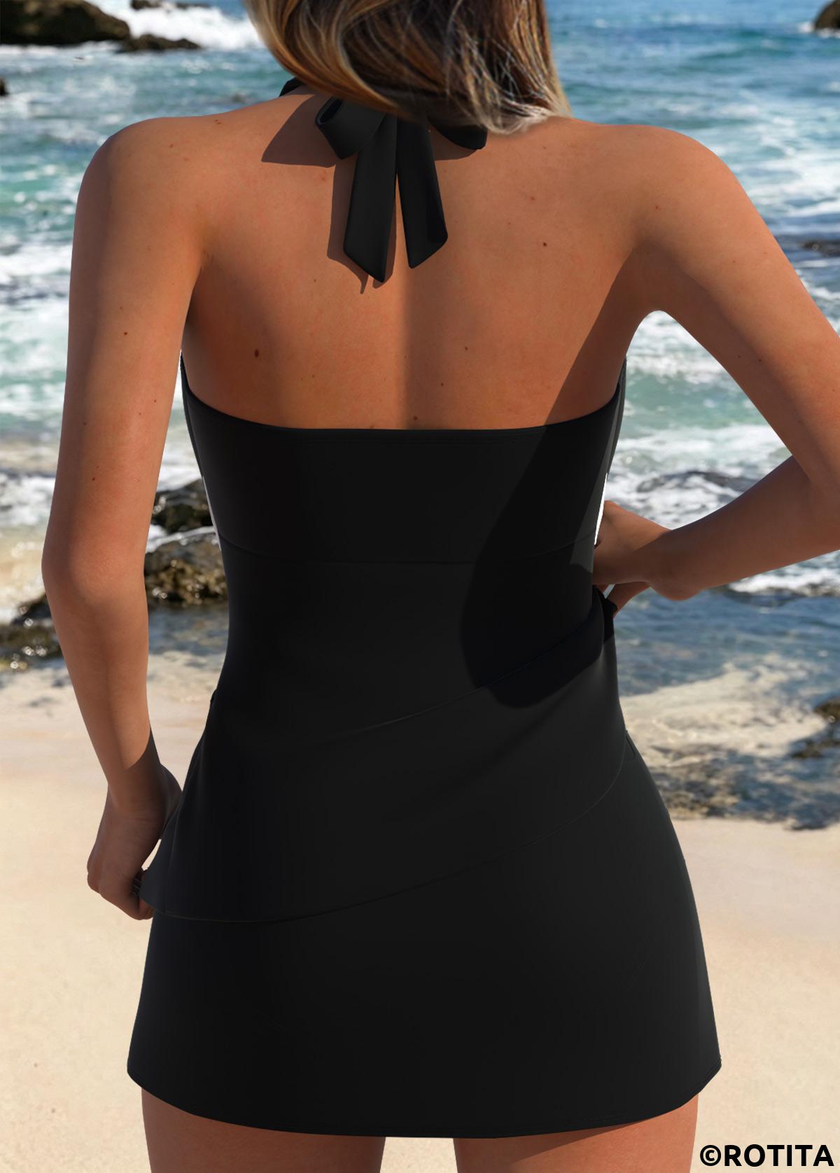 Black swimwear,Contrast Color swimwear,ROTITA Black Fake 2in1 Mid Waisted Tankini Set