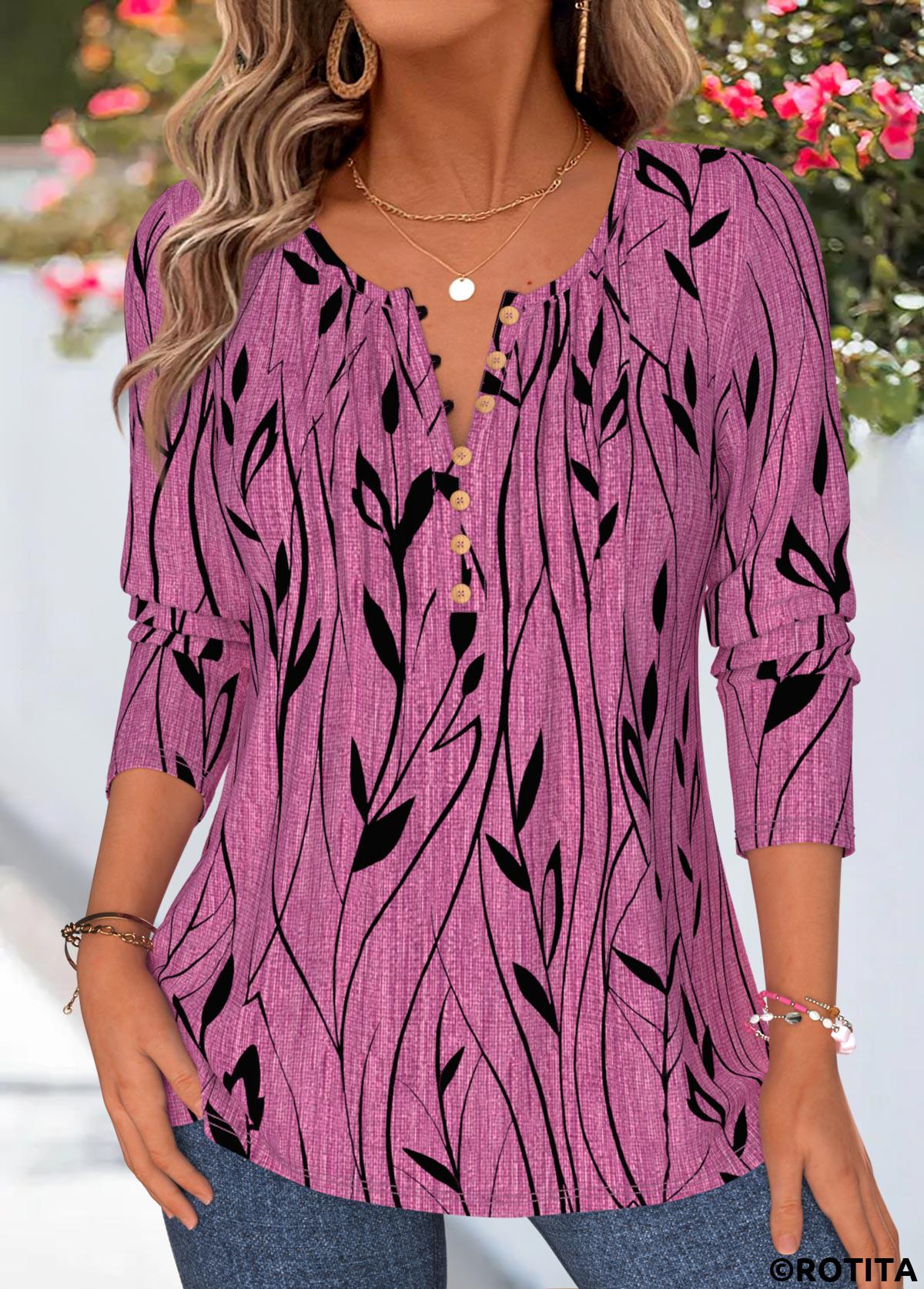 Violet tops,Floral tops,Plants tops,ROTITA Tuck Stitch Floral Print Violet Split Neck T Shirt