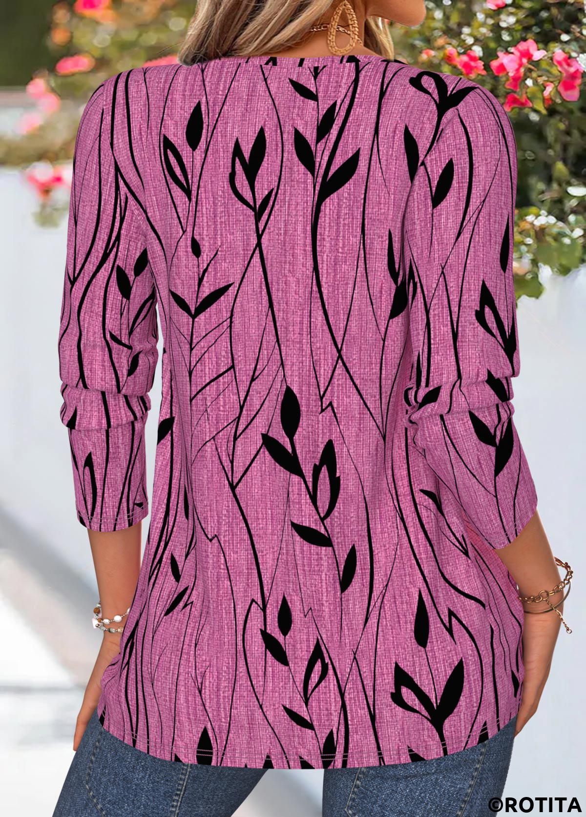 Violet tops,Floral tops,Plants tops,ROTITA Tuck Stitch Floral Print Violet Split Neck T Shirt