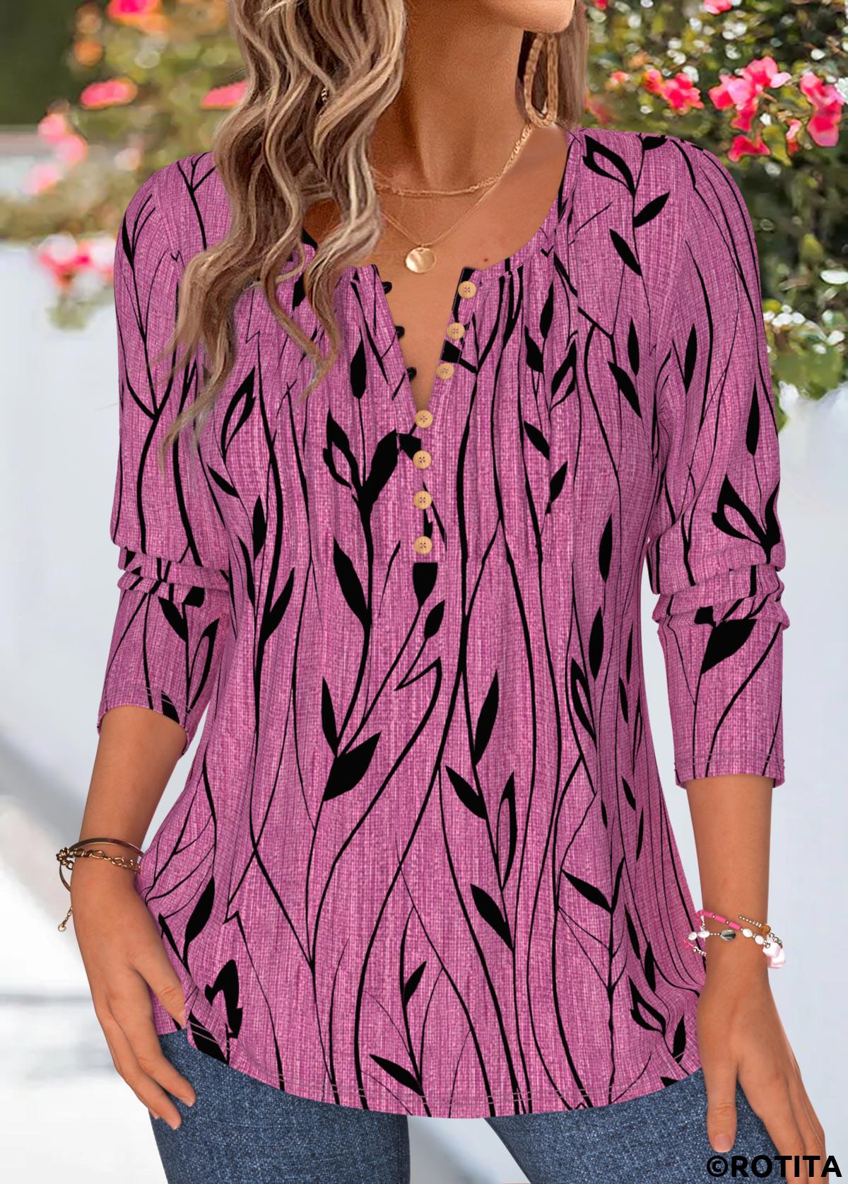 Violet tops,Floral tops,Plants tops,ROTITA Tuck Stitch Floral Print Violet Split Neck T Shirt