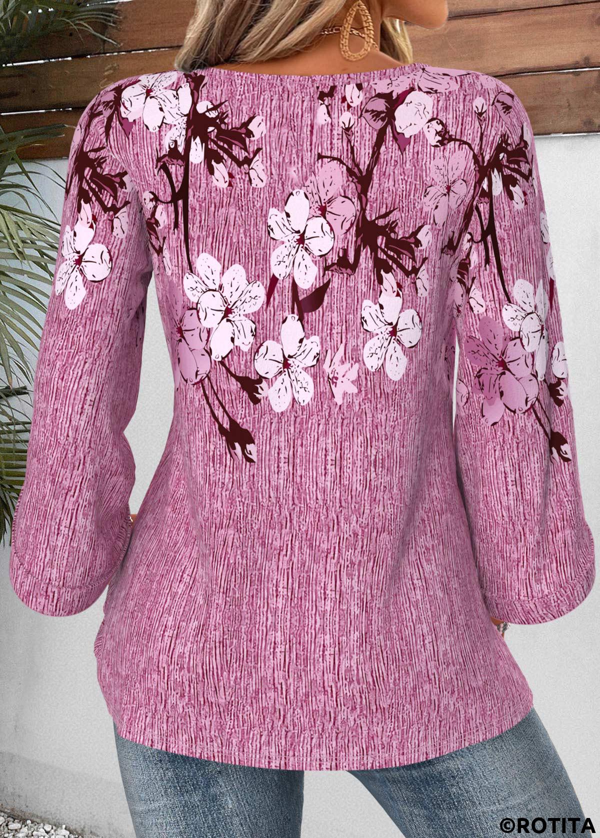 Violet tops,Floral tops,Plants tops,ROTITA Button Floral Print Violet Round Neck 3/4 Sleeve Blouse