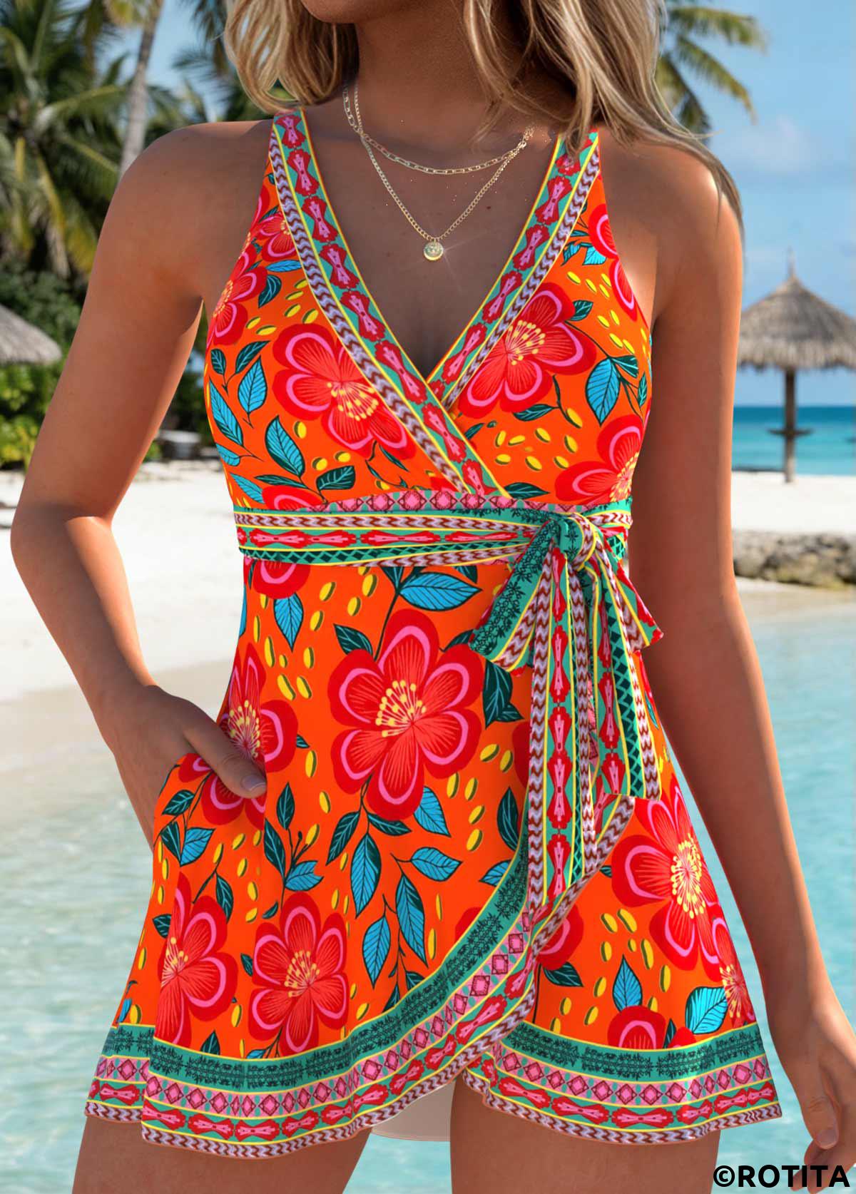 Orange swimwear,Floral swimwear,Plants swimwear,ROTITA Orange Layered Floral Print One Piece Swimdress