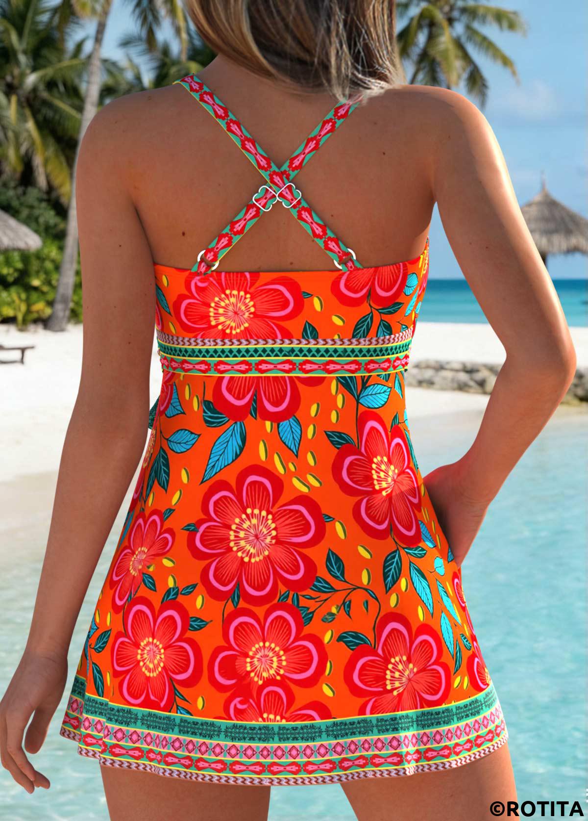 Orange swimwear,Floral swimwear,Plants swimwear,ROTITA Orange Layered Floral Print One Piece Swimdress