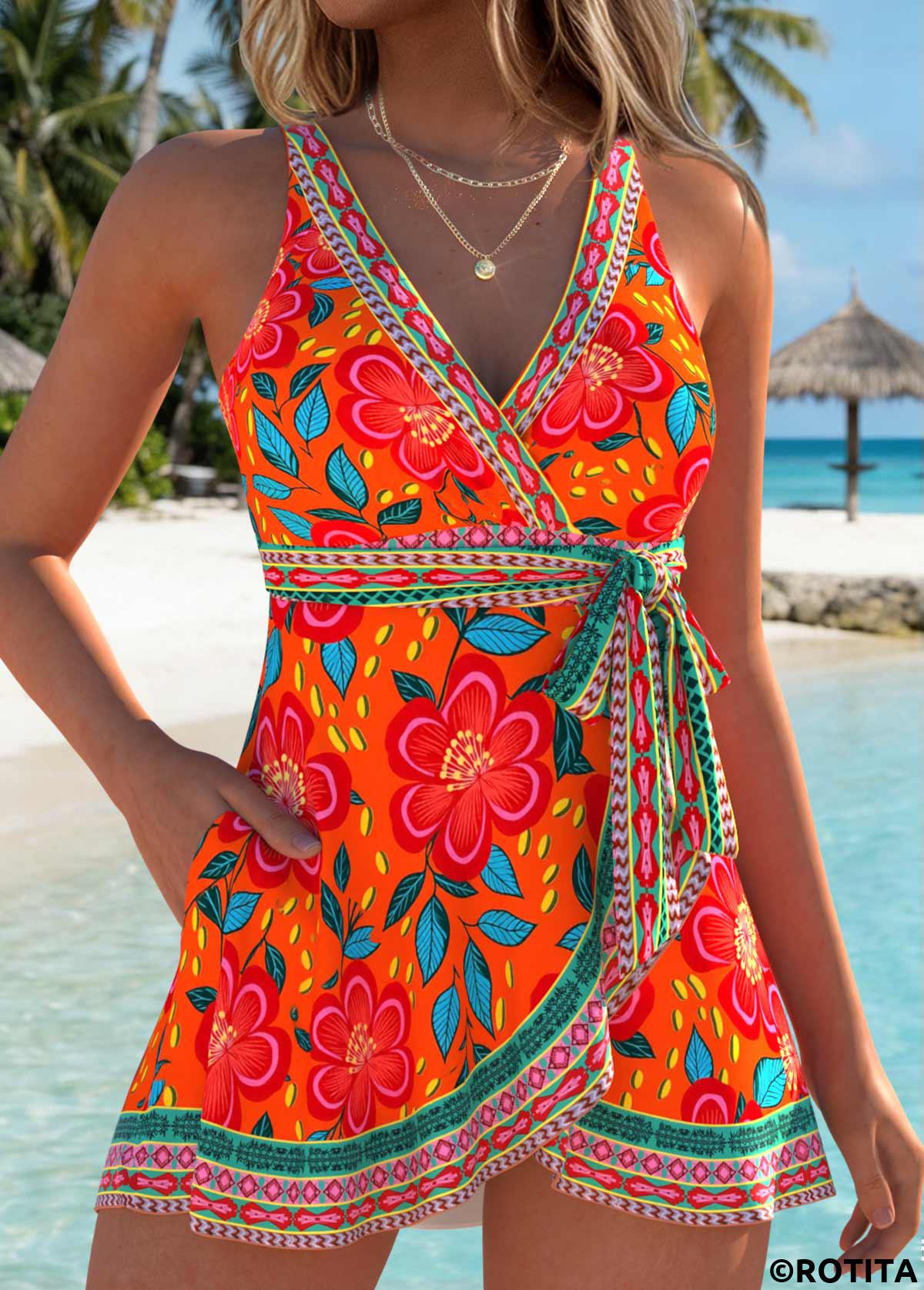Orange swimwear,Floral swimwear,Plants swimwear,ROTITA Orange Layered Floral Print One Piece Swimdress