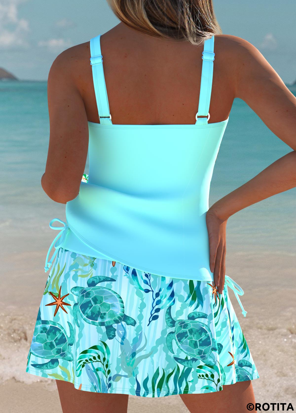 Cyan swimwear,Animal Print swimwear,ROTITA Cyan Bowknot Marine Life Print Mid Waisted Tankini Set