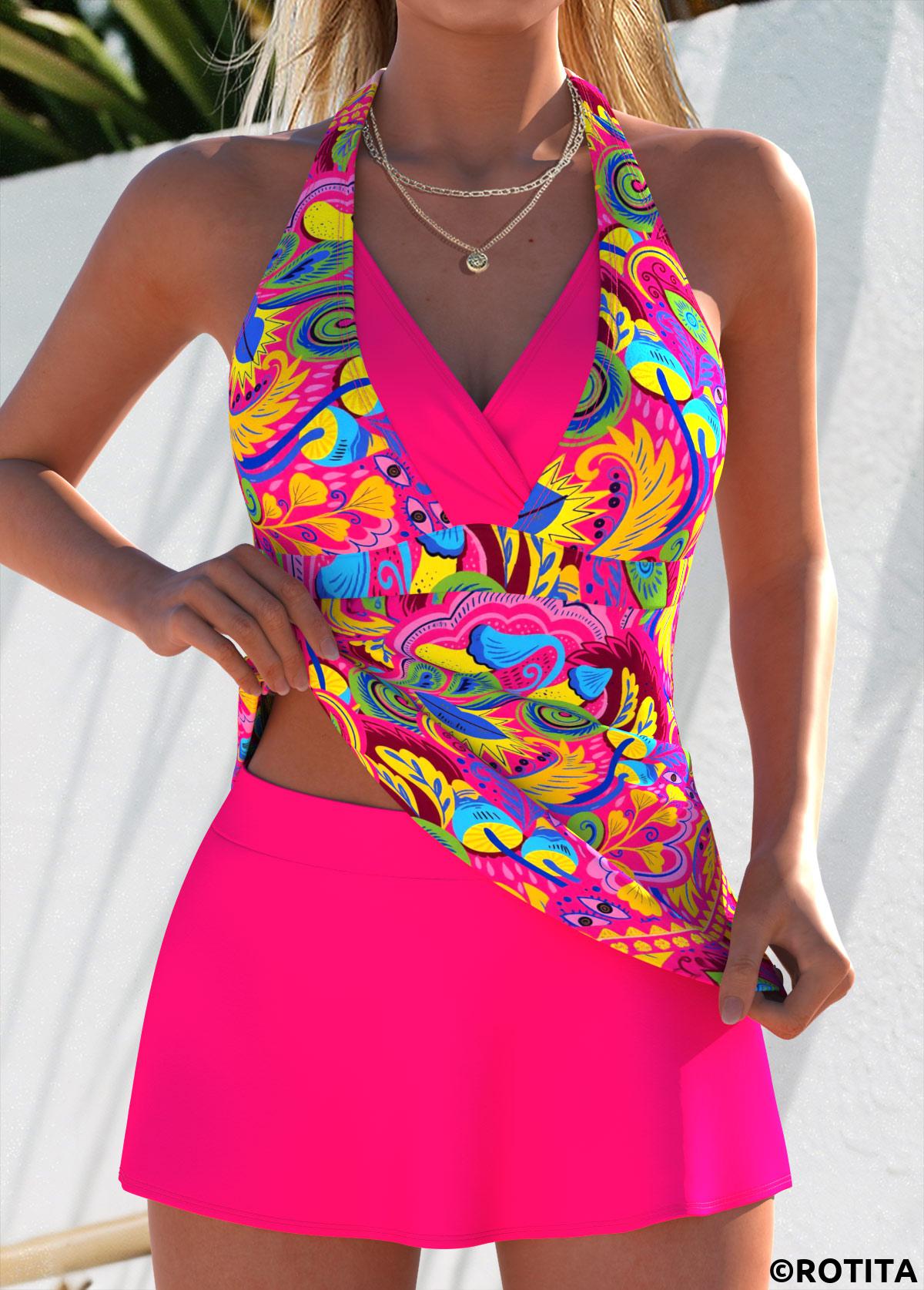 Hot Pink swimwear,Graphic swimwear,ROTITA Hot Pink Layered Graffiti Print Mid Waisted Tankini Set