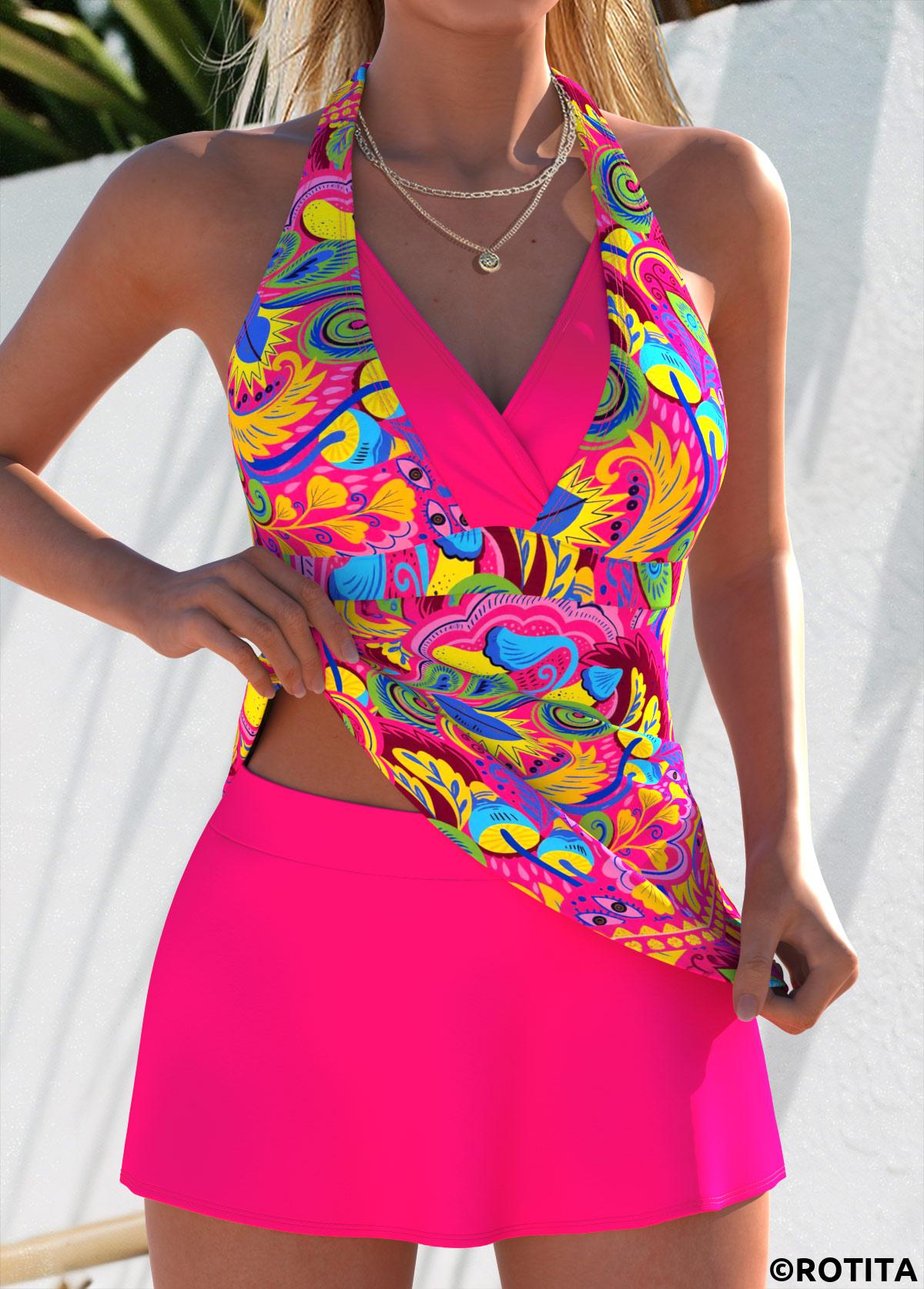 Hot Pink swimwear,Graphic swimwear,ROTITA Hot Pink Layered Graffiti Print Mid Waisted Tankini Set