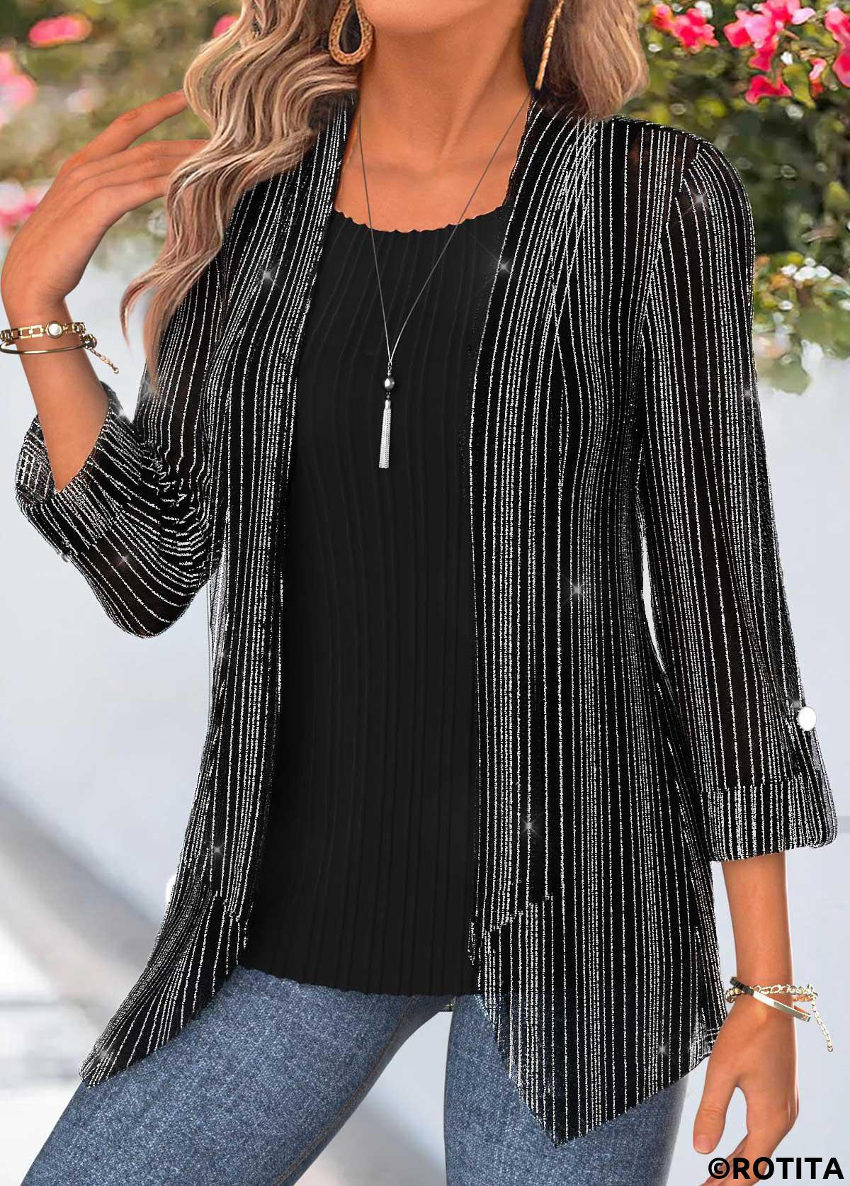 Black tops,Plain Color tops,ROTITA Two-piece Black 3/4 Sleeve Cardigan and Tank Top