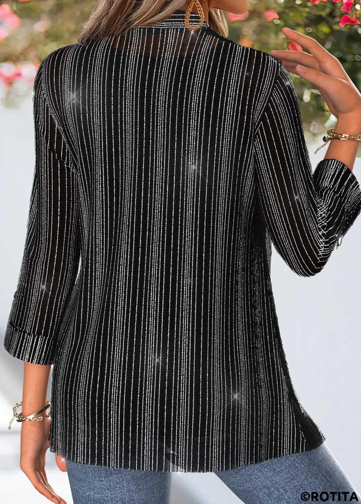 Black tops,Plain Color tops,ROTITA Two-piece Black 3/4 Sleeve Cardigan and Tank Top