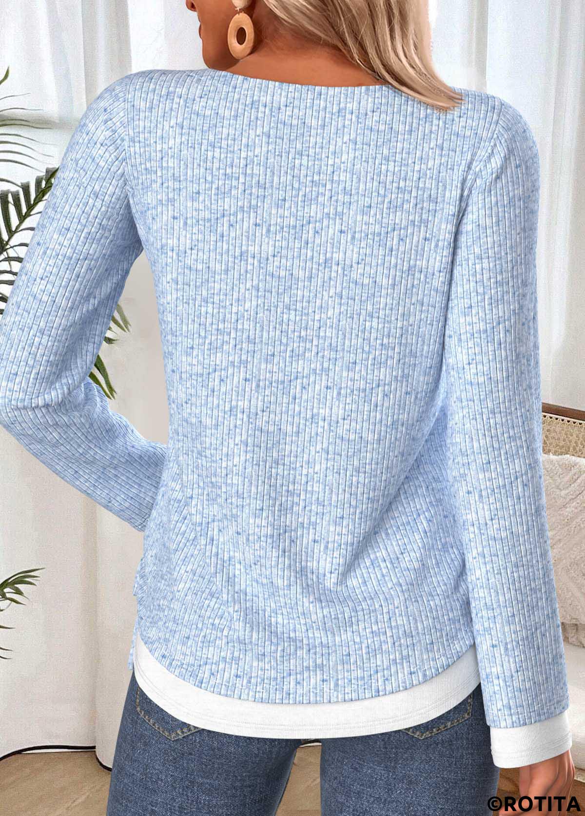 Light Blue tops,Contrast Color tops,ROTITA Fake 2in1 Light Blue Round Neck T Shirt