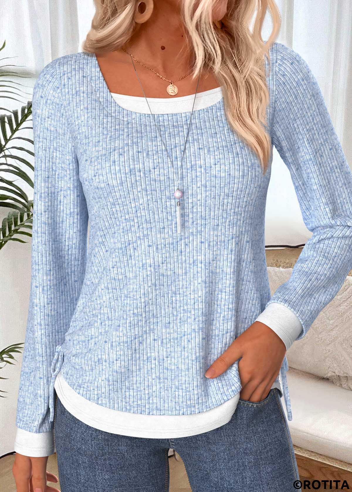 Light Blue tops,Contrast Color tops,ROTITA Fake 2in1 Light Blue Round Neck T Shirt