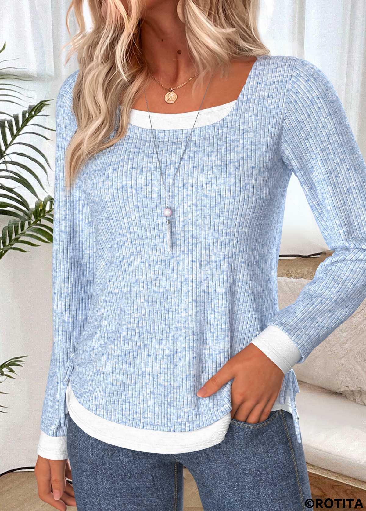 Light Blue tops,Contrast Color tops,ROTITA Fake 2in1 Light Blue Round Neck T Shirt